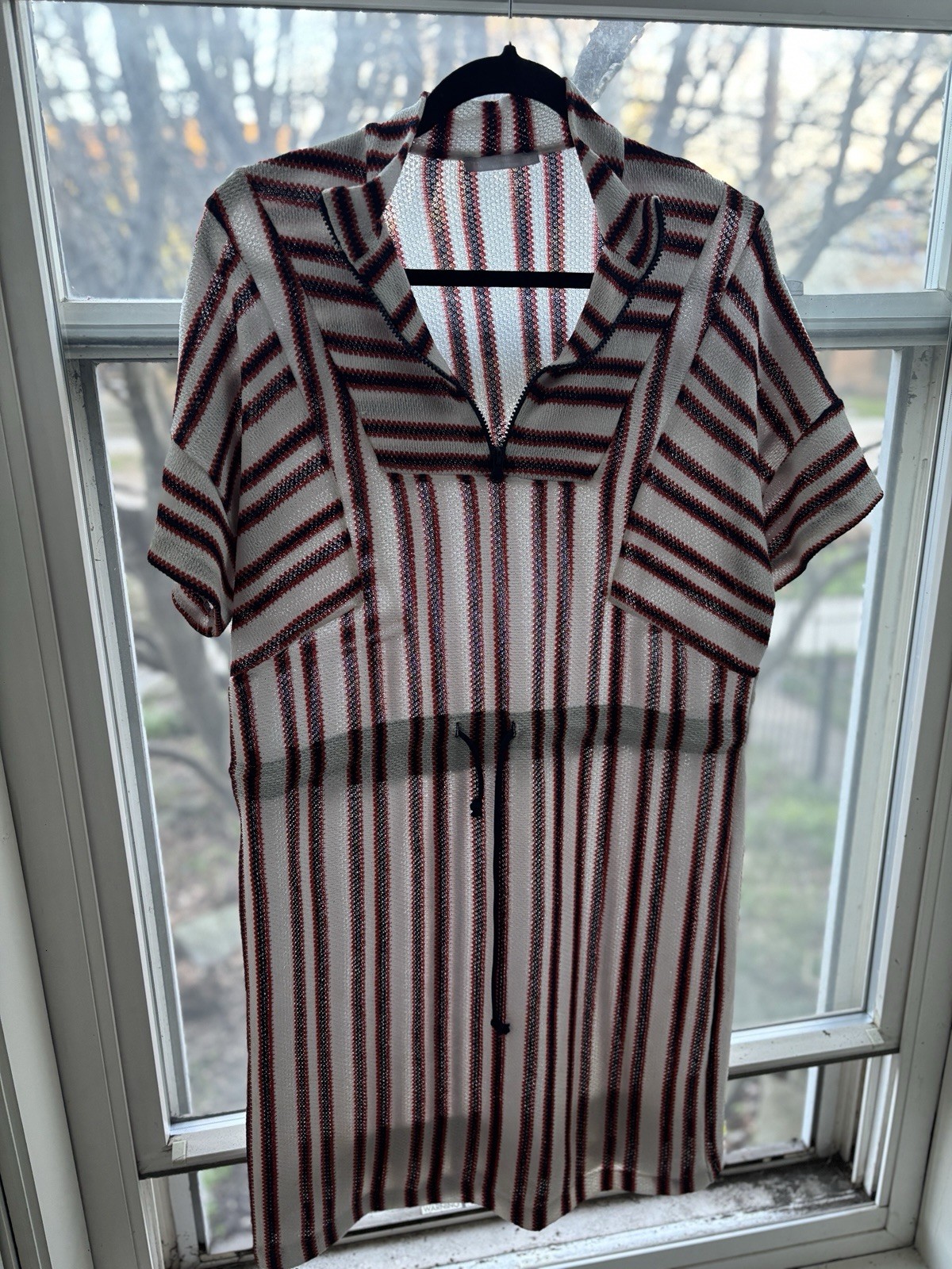 Zara W&B Collection Striped Open Knit Semi Sheer Dress Drawstring Waist Size M