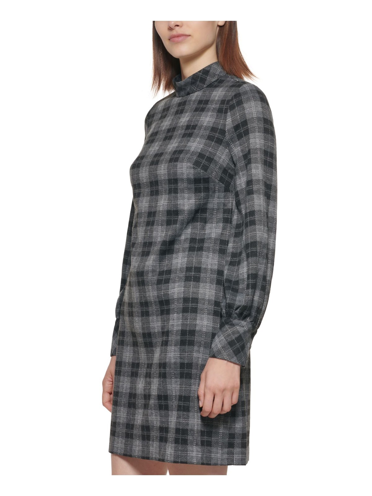 CALVIN KLEIN Womens Gray Plaid Cuffed Sleeve Short Sheath Dress 2