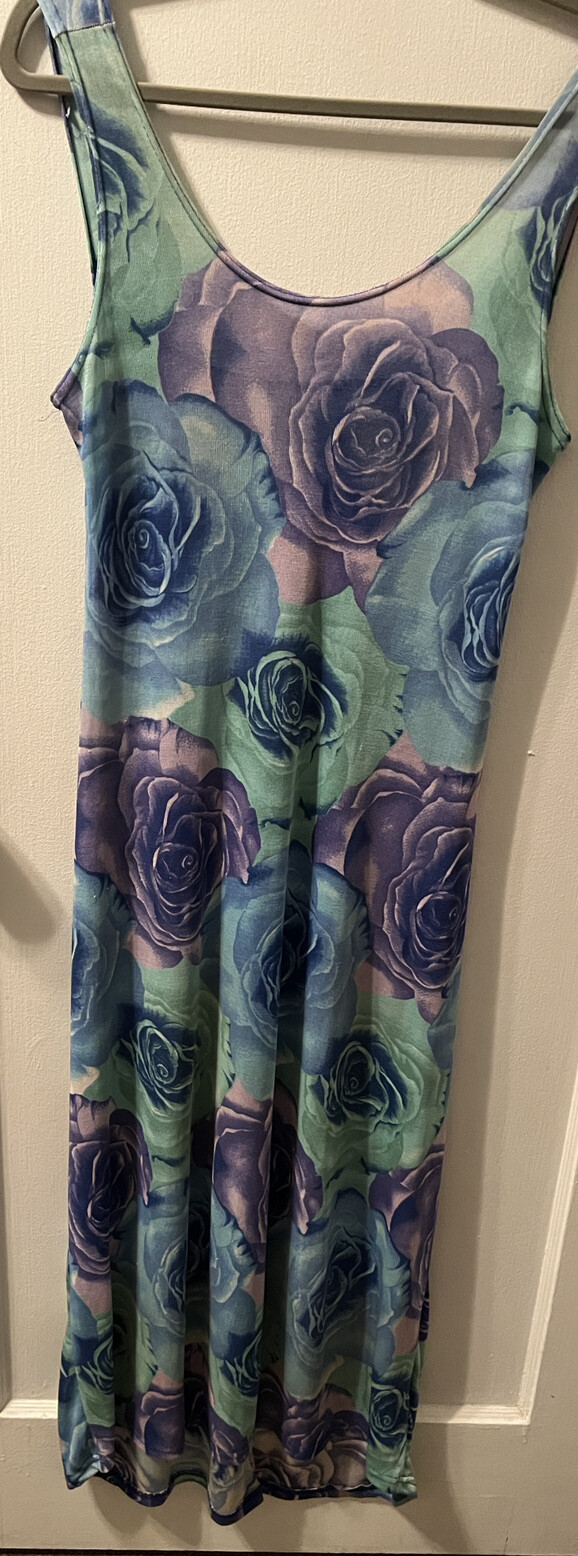 Vintage 90’s Y2K Floral Midi Dress Digital Print Stretchy See Measurements