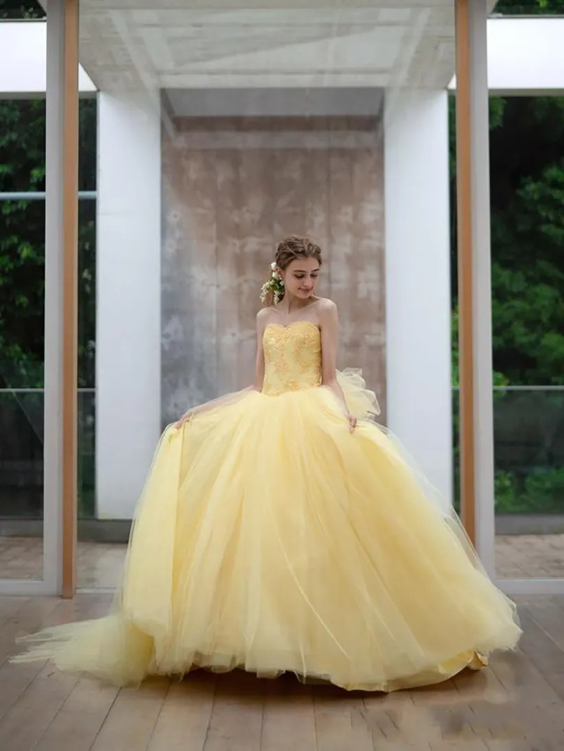 Strapless Yellow Lace Tulle Big Bow Train Wedding Evening Prom Ball Gown