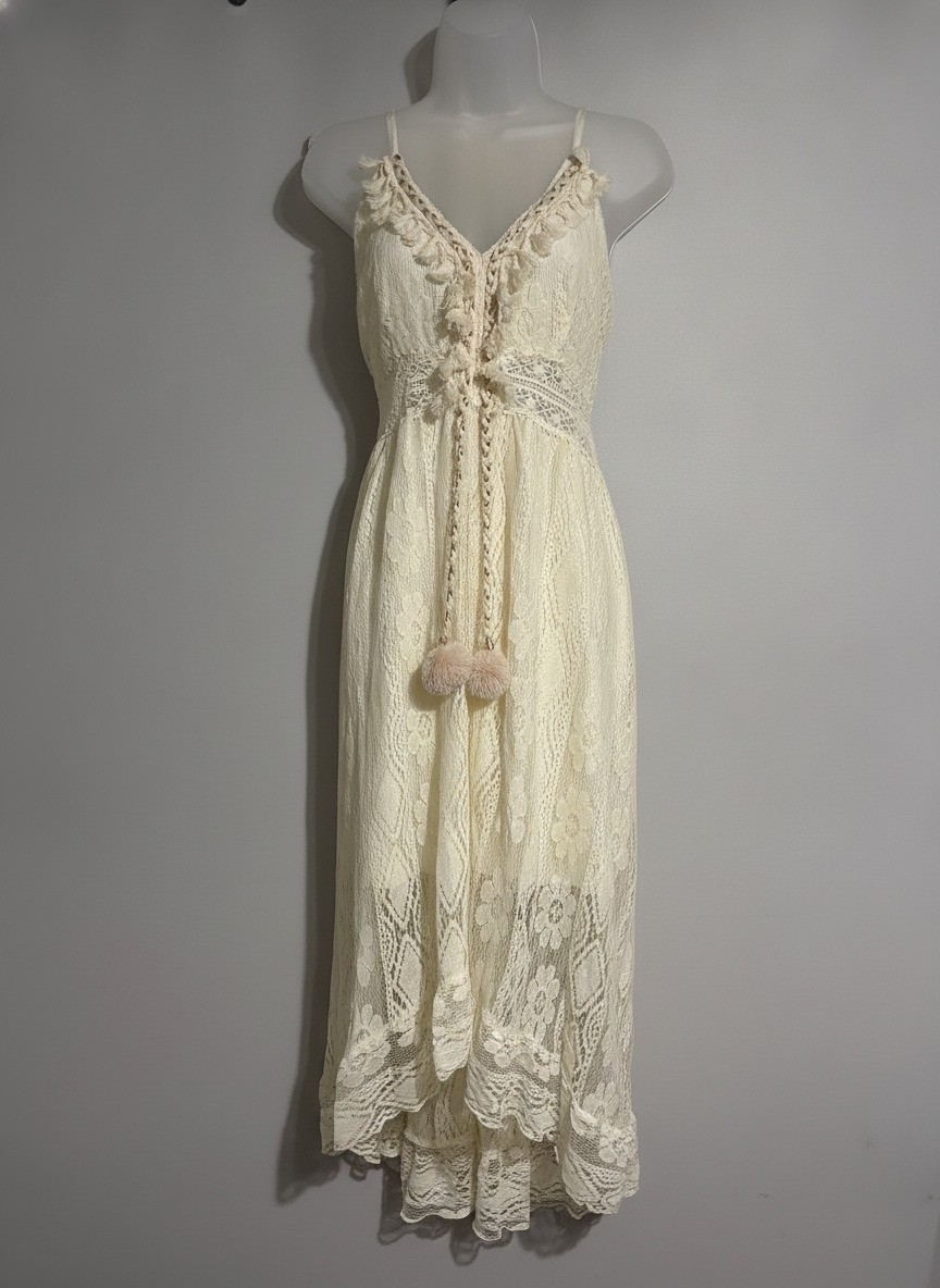 Cream Lace Maxi Dress with Pom Pom Tassels and Spaghetti Straps, Size M