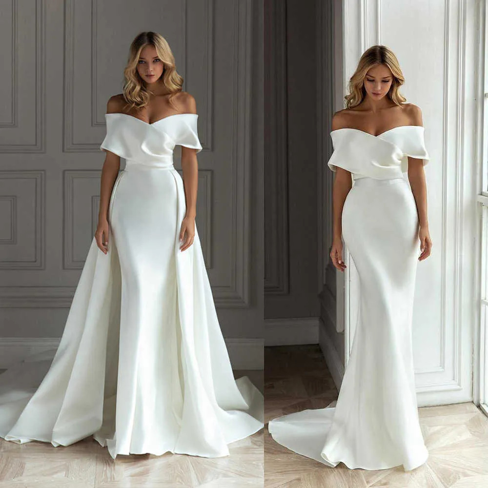 Elegant Off Shoulder Mermaid Wedding Dress Slim Fit White Trailing Evening Gown