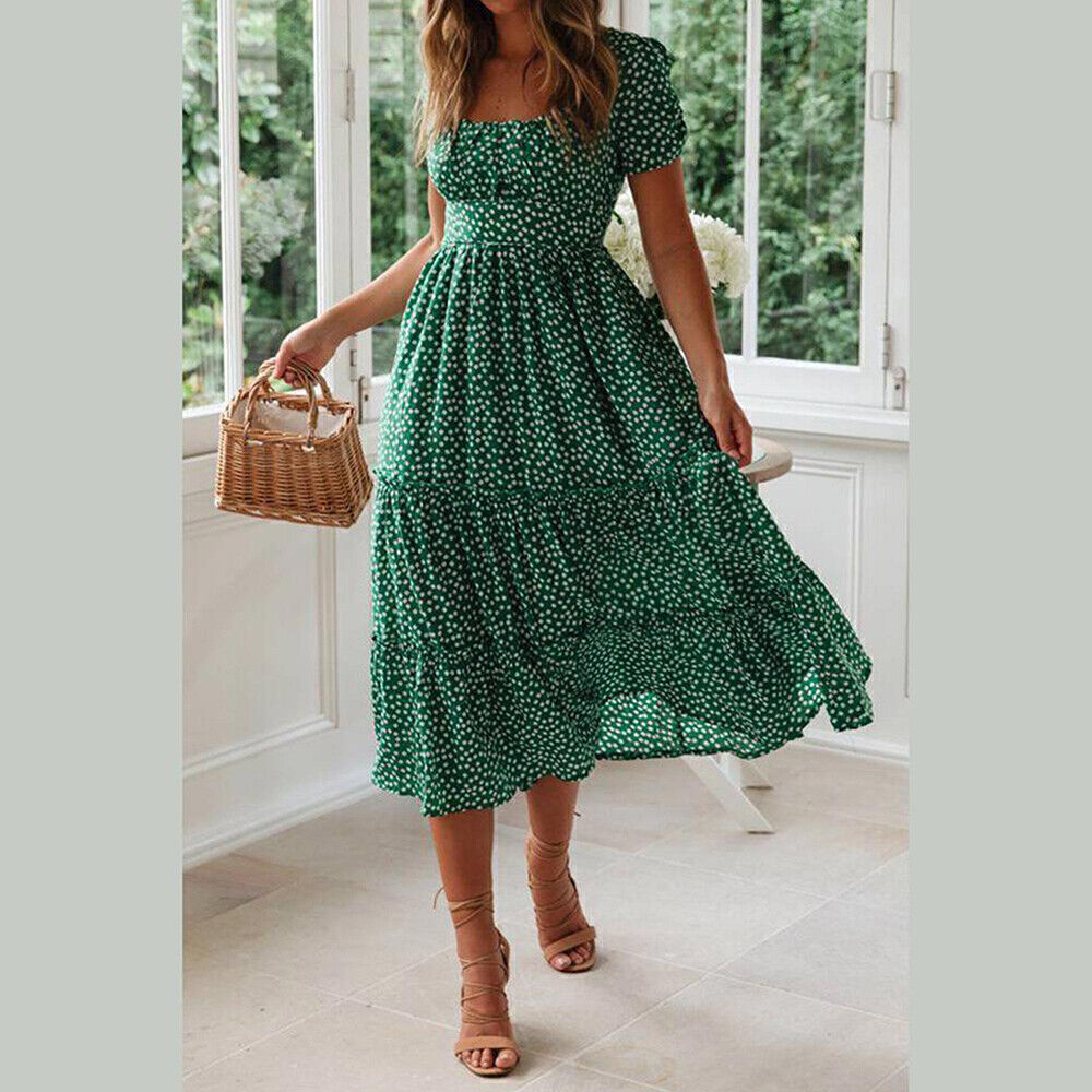 Womens Frill Short Sleeve Floral Maxi Long Dress Summer Holiday Boho Sundress US