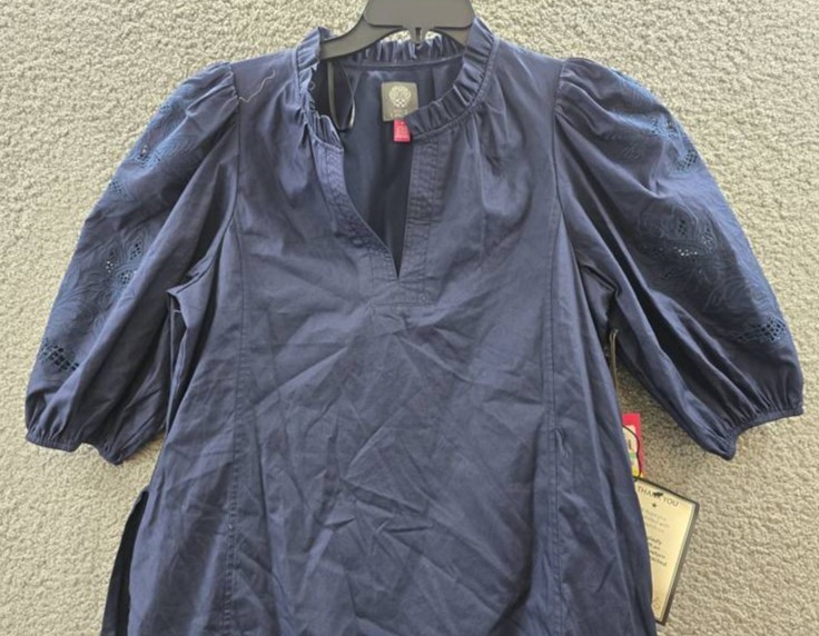 Vince Camuto Split-Neckline Elbow-Sleeve Tie Waist Dress Women’s 8 Navy Pullover