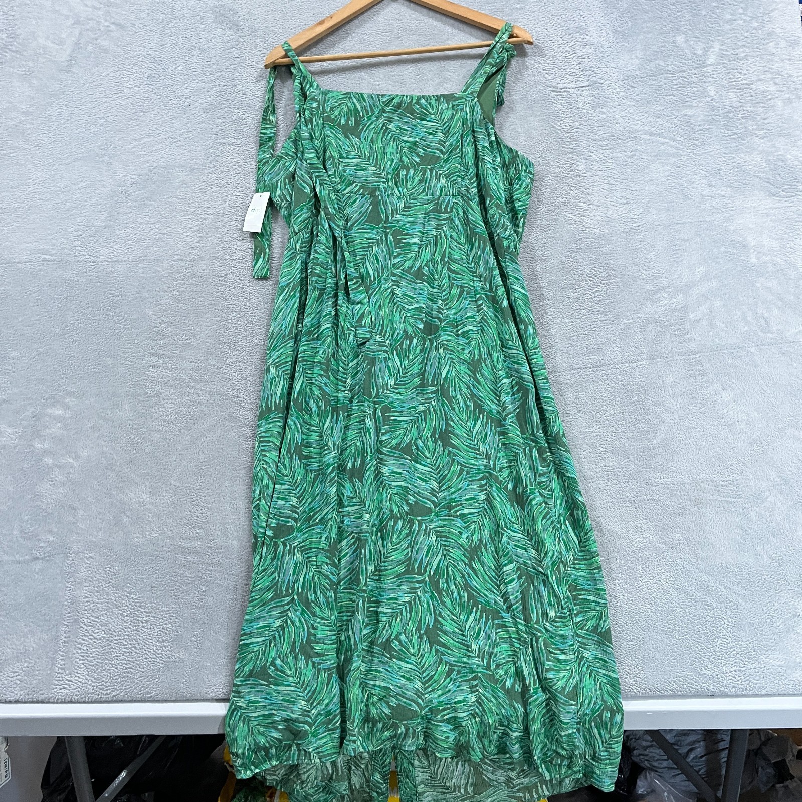 Dip Dress Large Chiffon Sleeveless Tie Straps Button Up Lined Green Aloha Boho