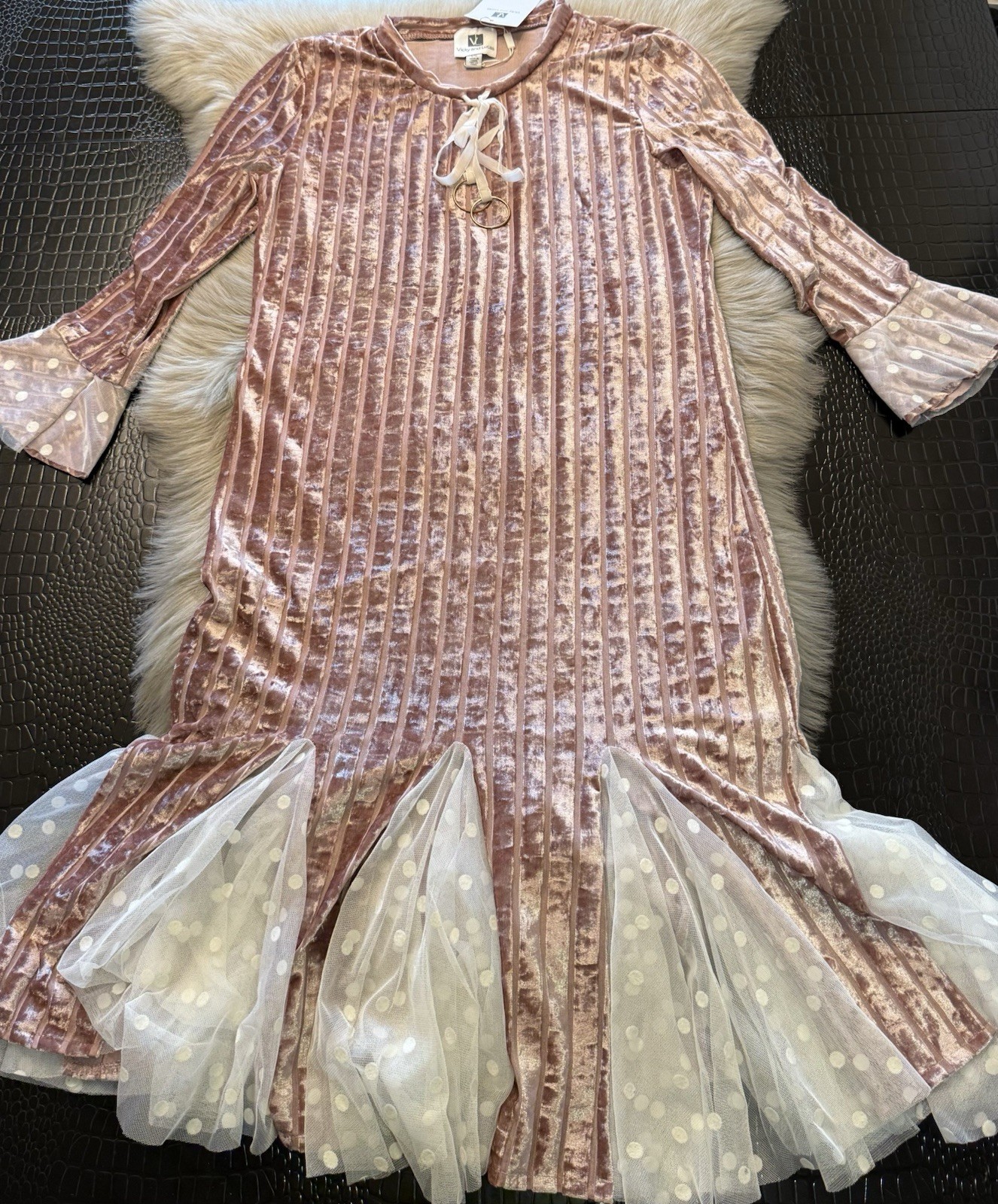 NWT Vicky And Lucas Pink Velvet Midi Mermaid Dress White Polka Dot Tulle Large