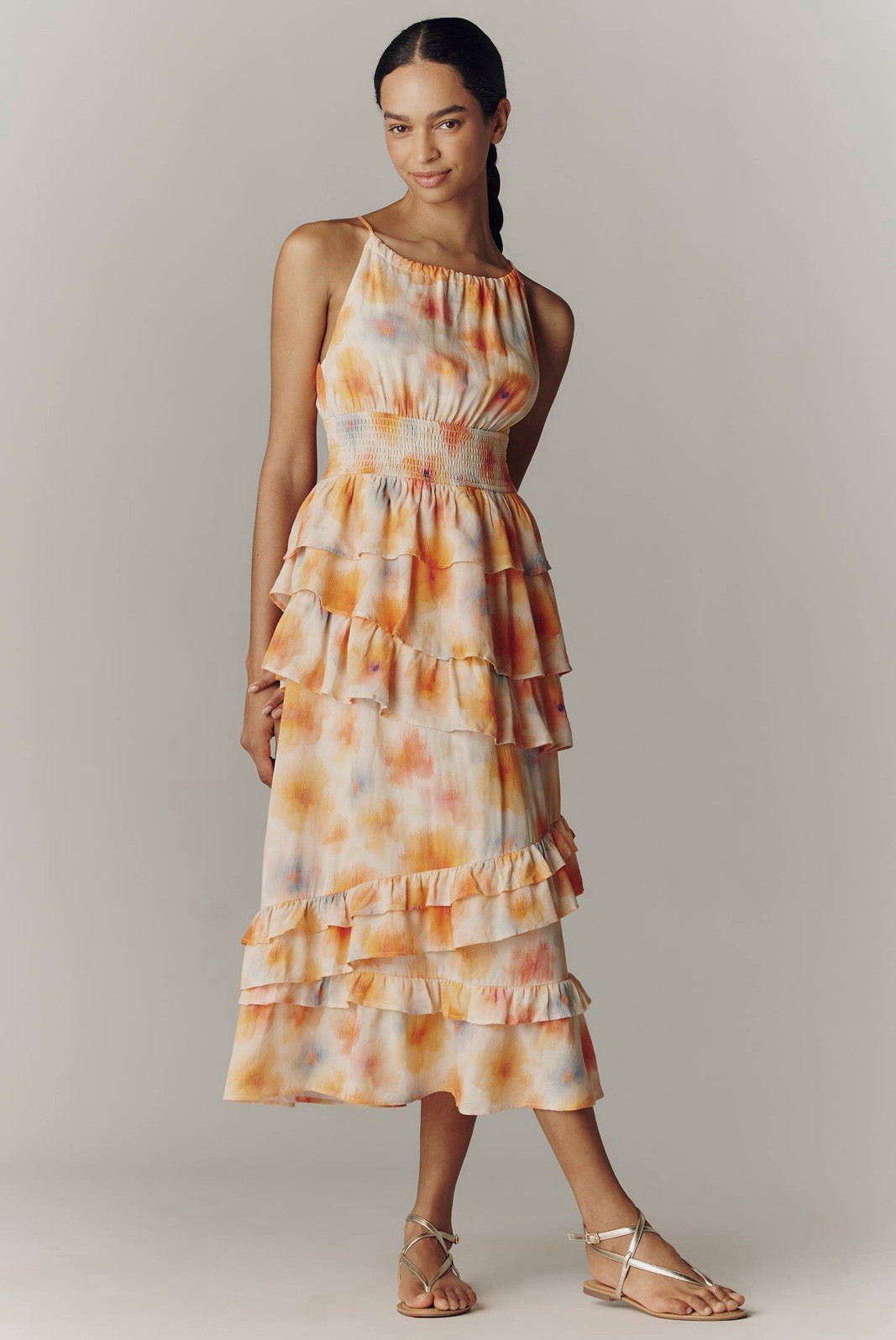 Anthropologie Orange Tie-Dye Linen Smocked Halter Long Dress S Ruffle Tiered