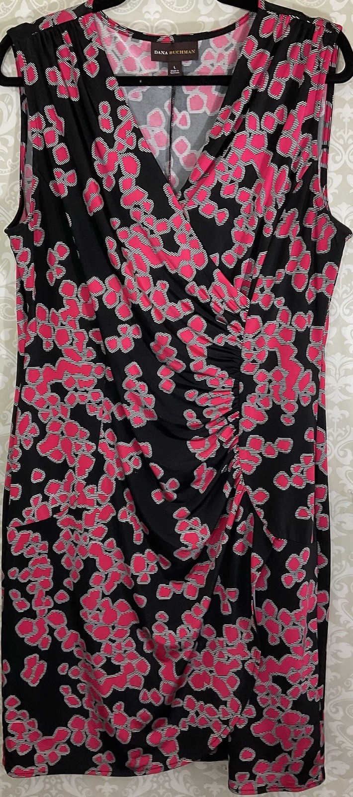 DANA BUCHMAN Women’s Dress Large Wrap Style Ruching Sleeveless Stretch V Neck
