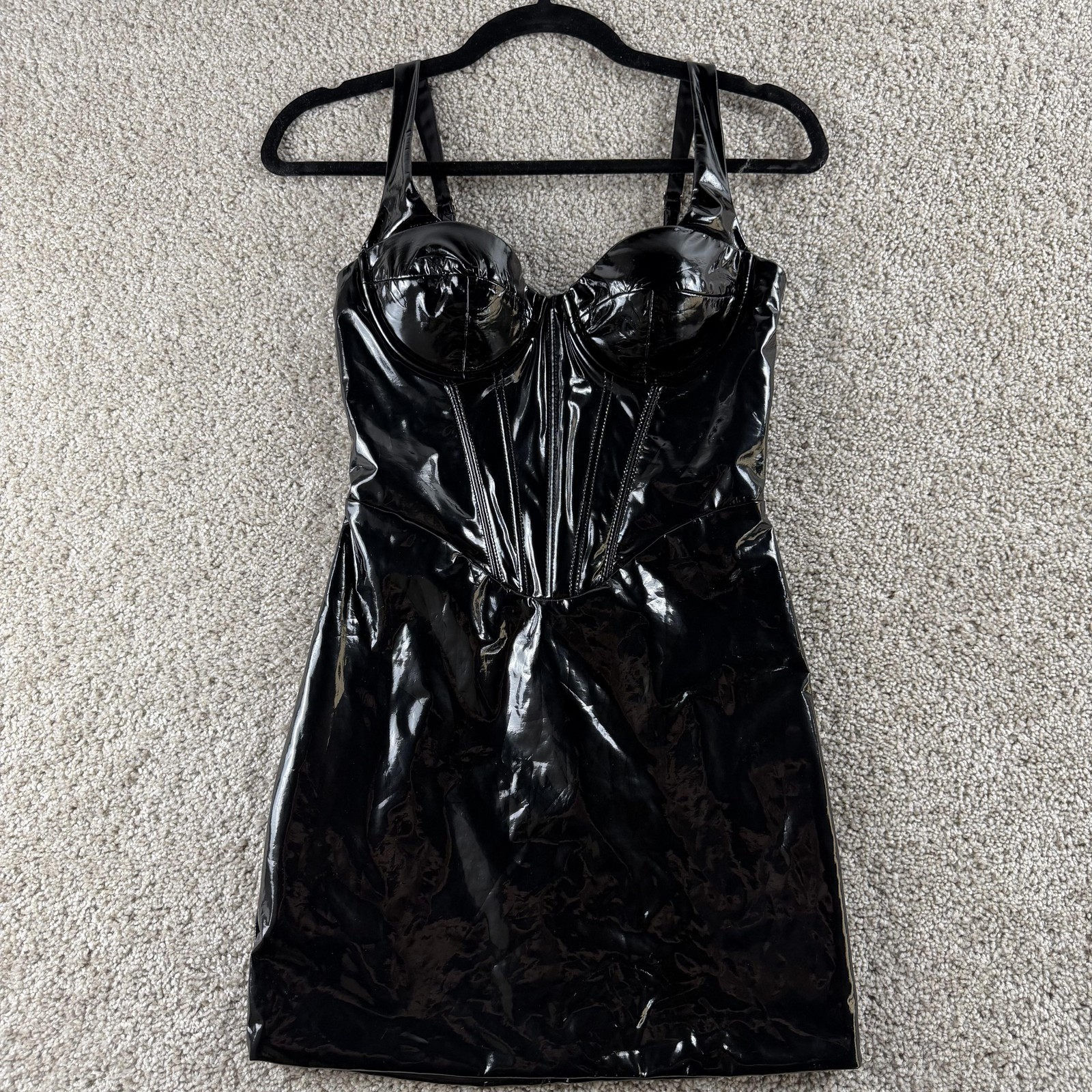 Oh Polly Dress Womens US 4 UK 8 Black Faux Leather Sweetheart Bodycon Mini NWT