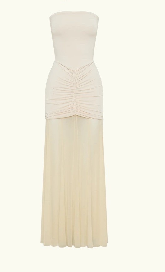 MESHKI Beige Strapless Ruched Stretch Mesh Maxi Dress Formal XS