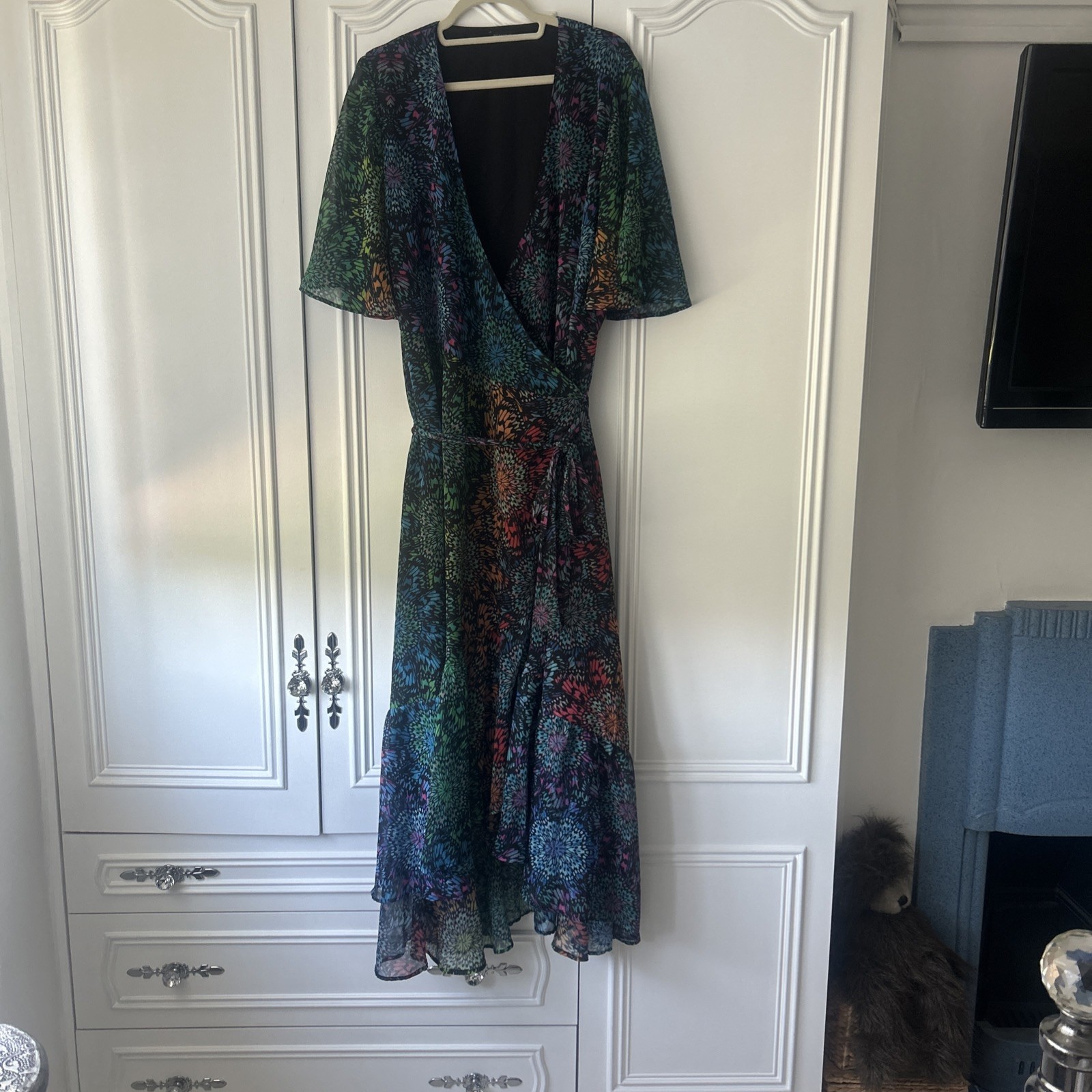 Roman size 20 Green Multi Abstract Print Maxi Wrap Dress Chiffon. Wedding BNWOT