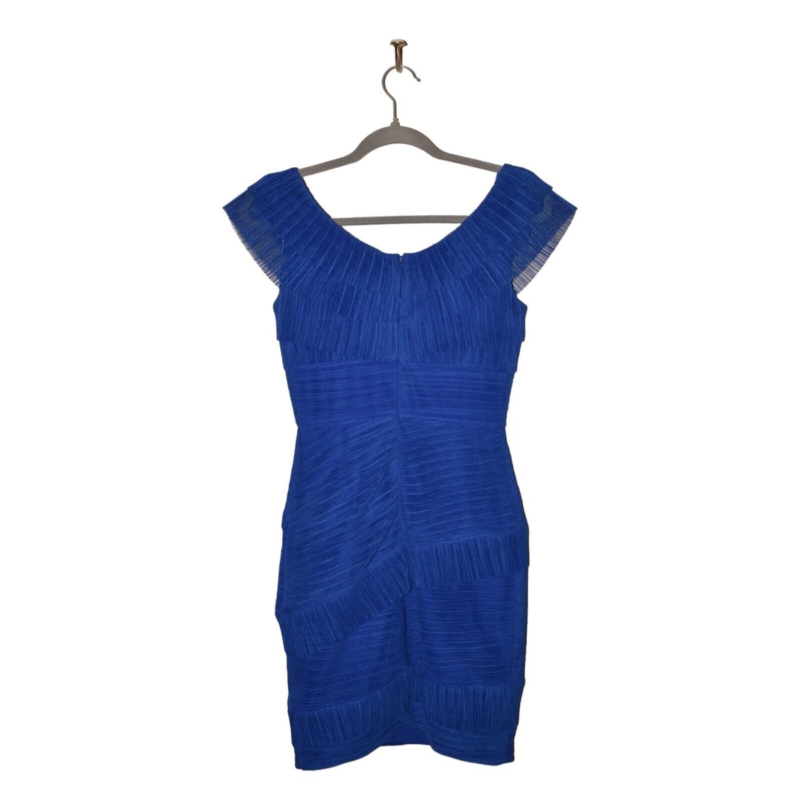 BCBGMAXAZRIA $595 Briana Pleated Ruffled Mini Fitted Pencil Dress in Blue Size 4