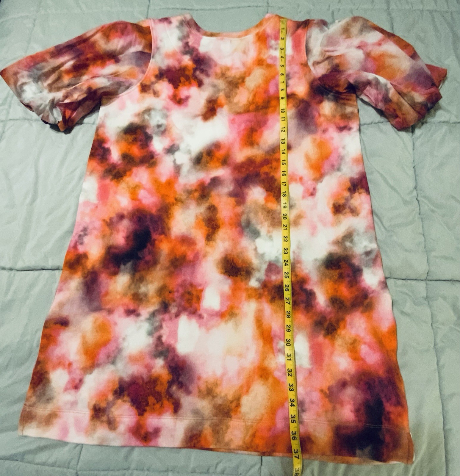 Chicos Shift Dress Size XL Watercolor Tye Die Pattern Puff Sleeves Pockets