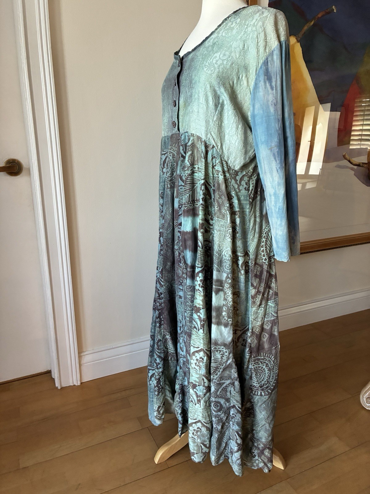 URU St. Rrik 100% Silk Rayon Dyed Artsy Boho Lagenlook Maxi Art Wear Dress M/L