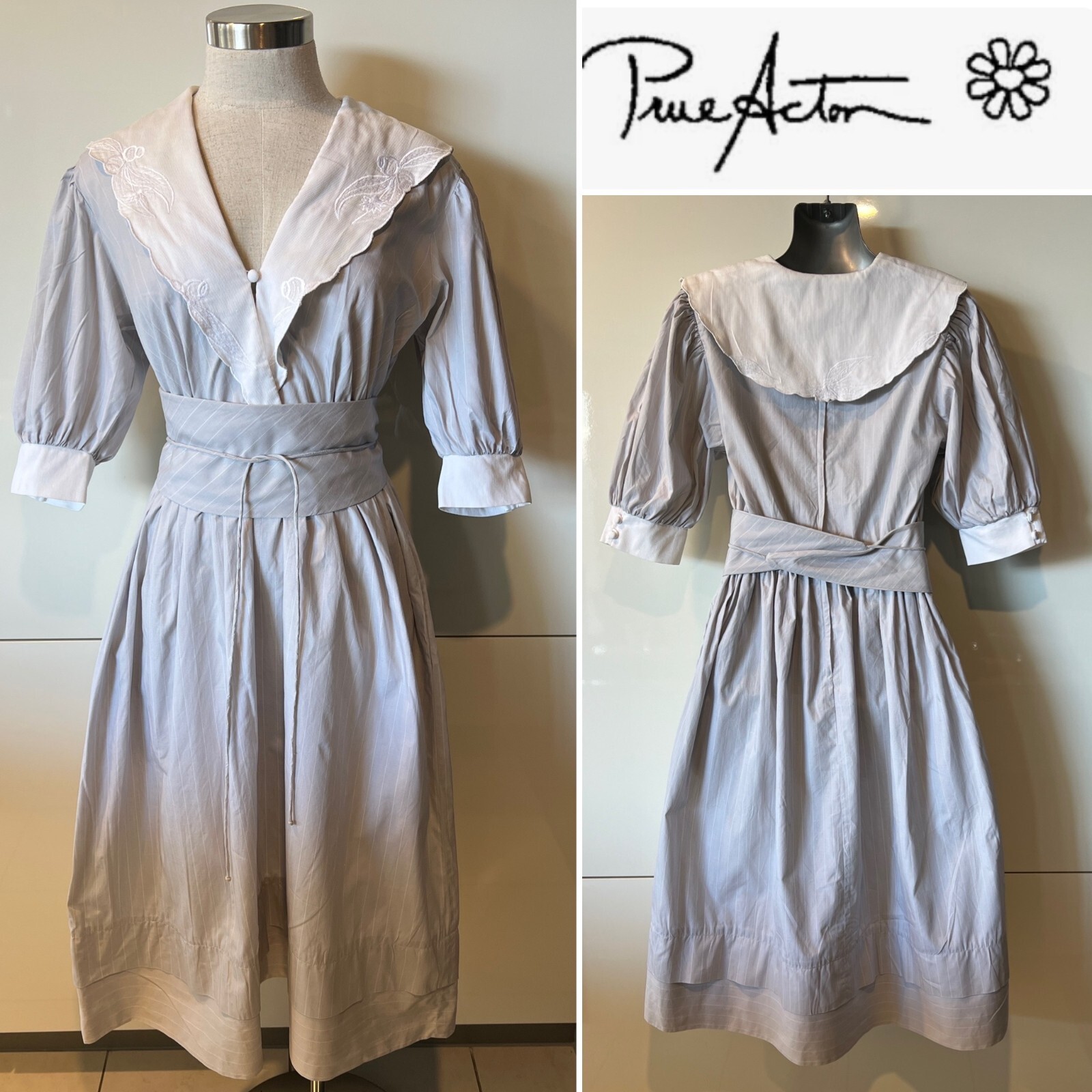 PRUE ACTON Vintage 70s Grey/White Stripe Collared, Cotton Dress 8-10AUS/4-6US
