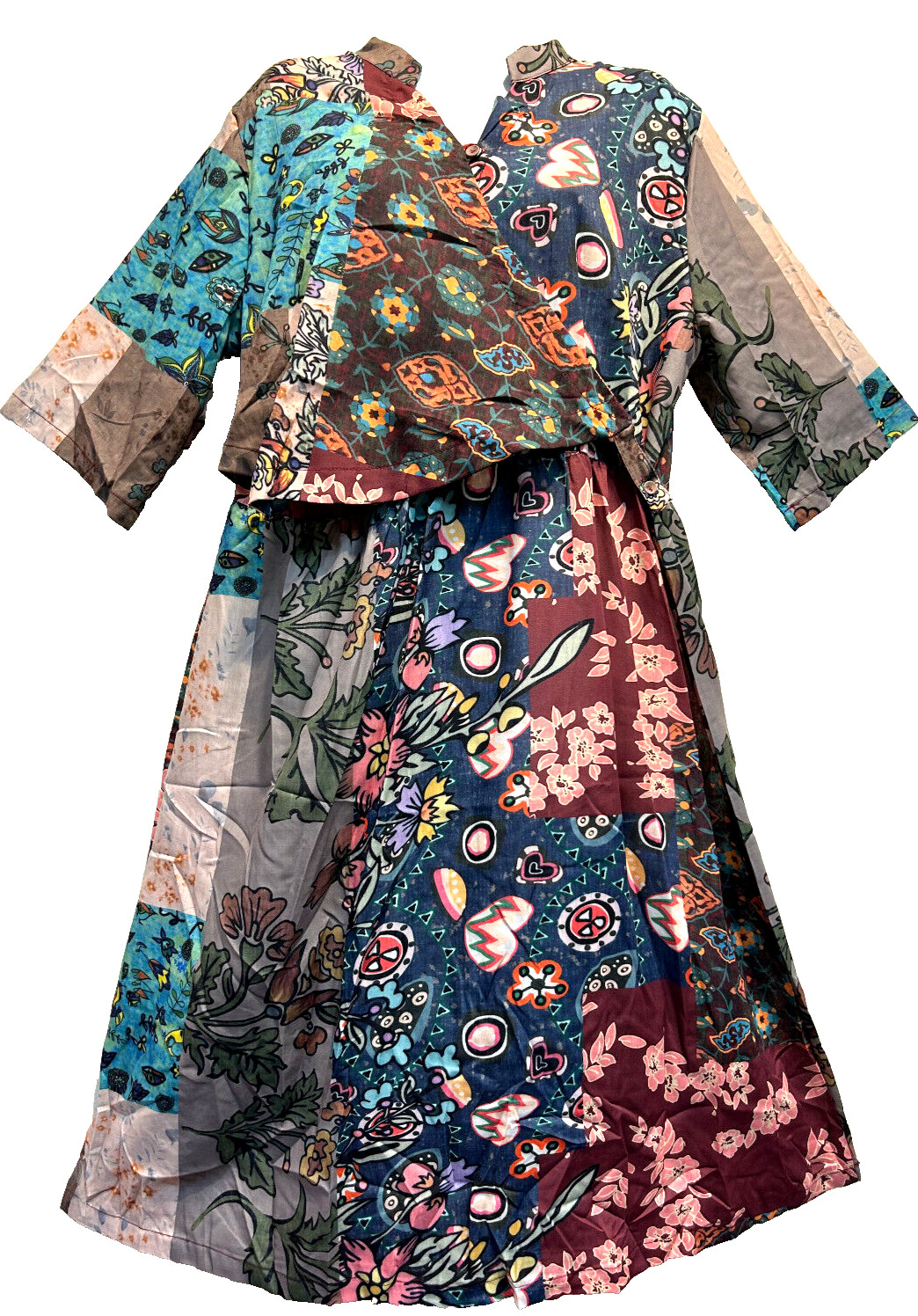 Nwt FUNKY STUFF hippie boho patchlike front wrap cotton/ poly DRESS XL Free ship