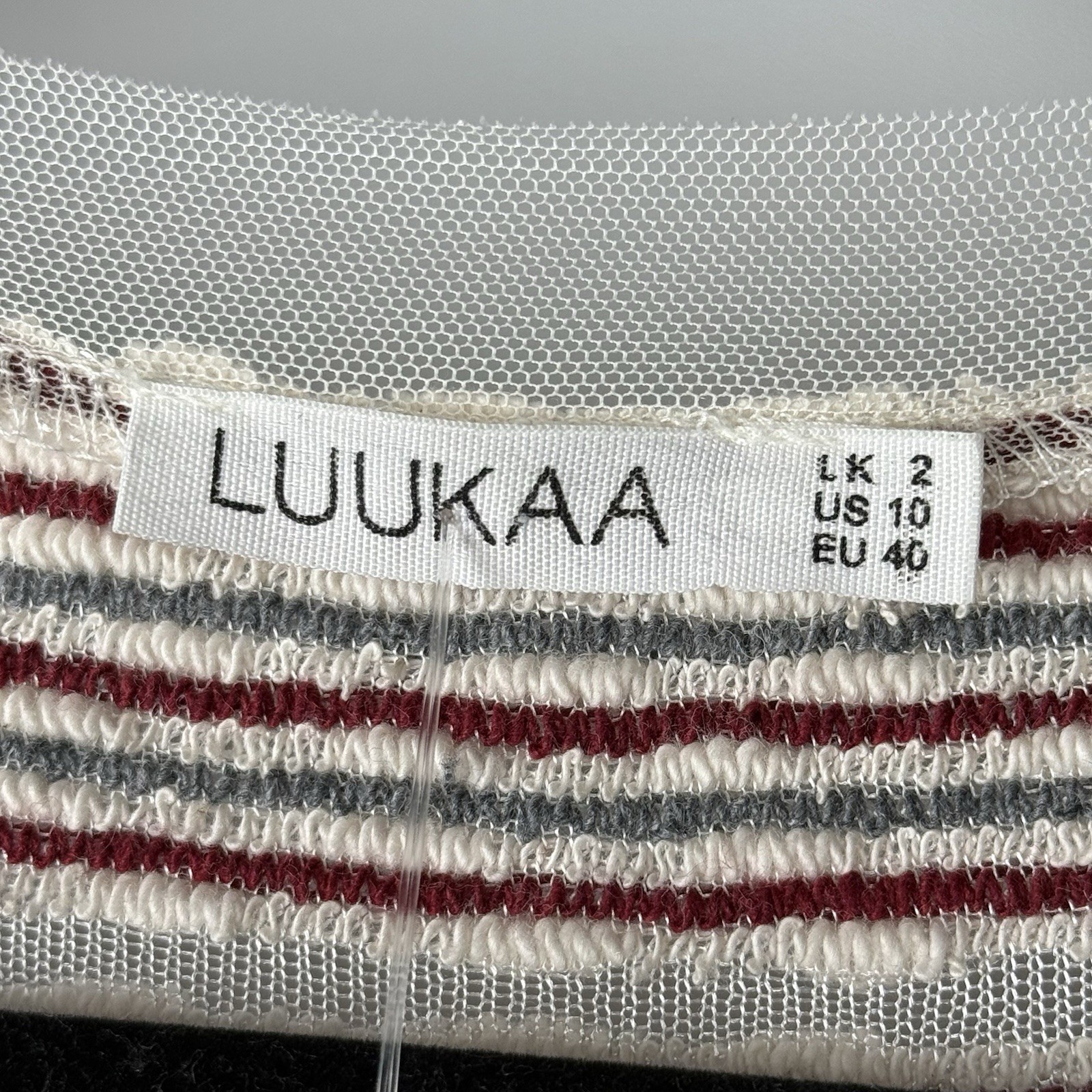 Luukaa Dress Cream Red Gray Stripe Sheer Mesh Sz 10 Lagenlook Art To Wear NEW