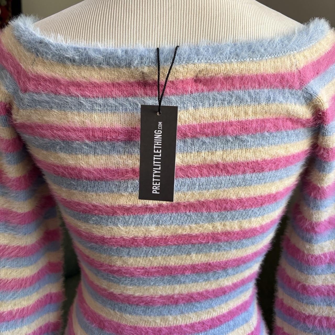 PrettyLittleThing Pastel Spring Striped Fuzzy Knit Bodycon Maxi Sweater Dress, S