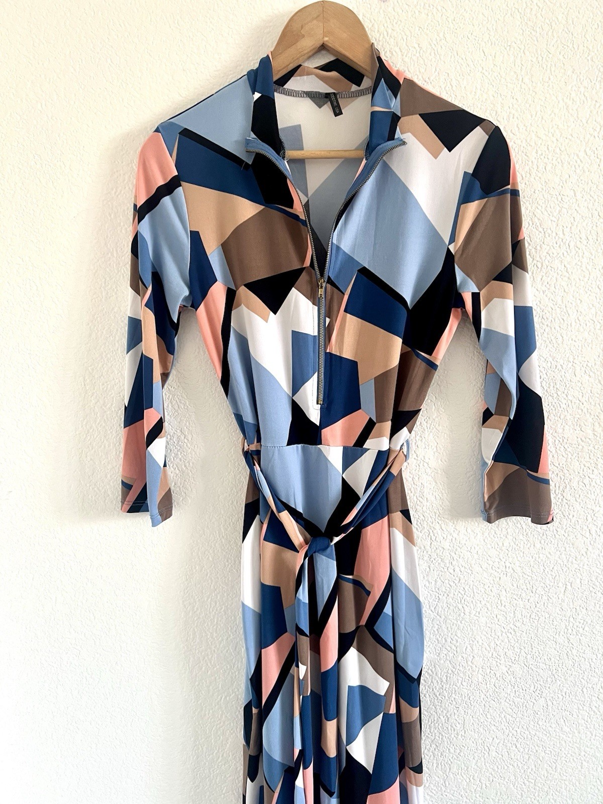Goodtime USA Multicolor Geometric Mock Neck Zip Belted A-Line Midi Dress L