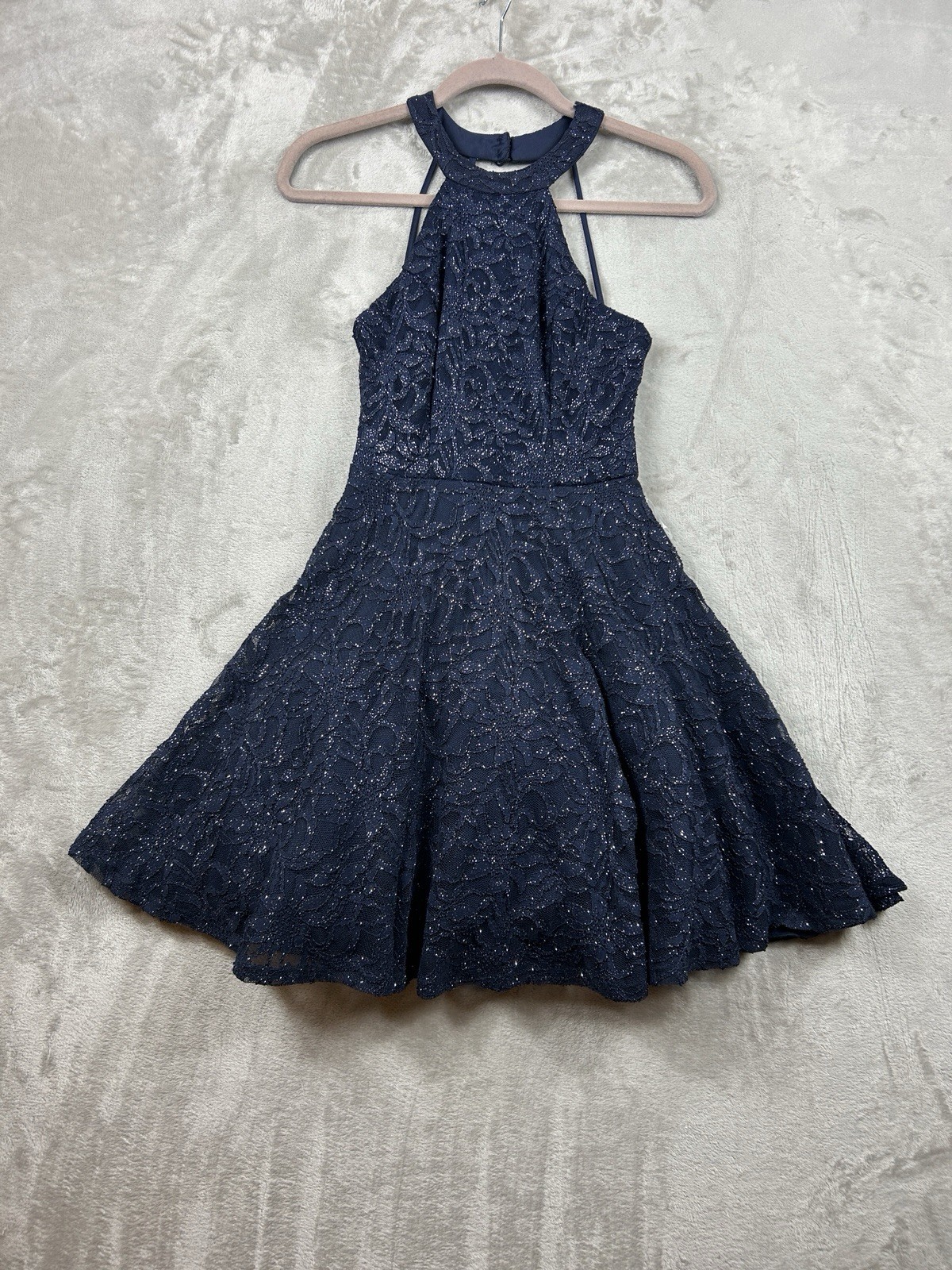 B Smart Womens Jr 3 Navy Blue Glitter Halter Party Mini Dress Whimsical Fairy