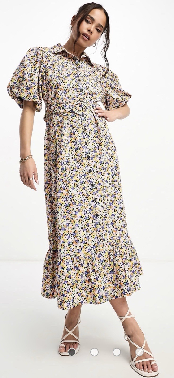 Women’s Nobody’s Child Ditsy Floral Sam Midi Dress Puff Sleeve W/ Collar, Belt 8