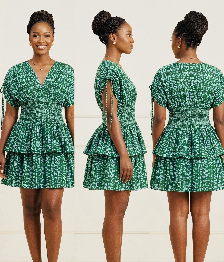 African Clothiers Green White Abstract Smocked Tiered Tie V-Neck Mini Dress