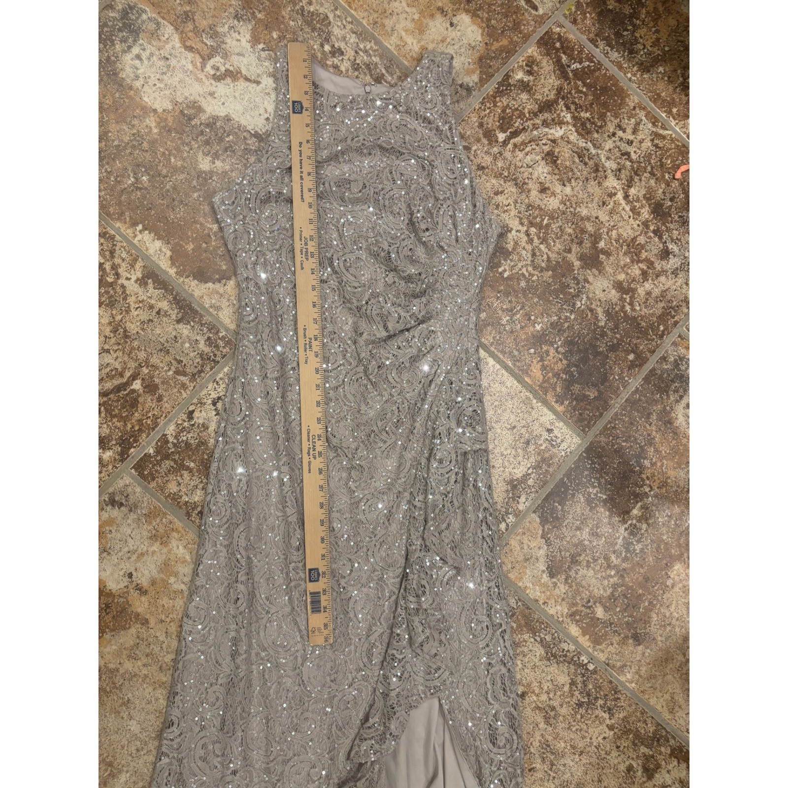 Alex Evenings Gown Womens 16 Taupe Sequin Lace Sleeveless Side Slit Formal Dress