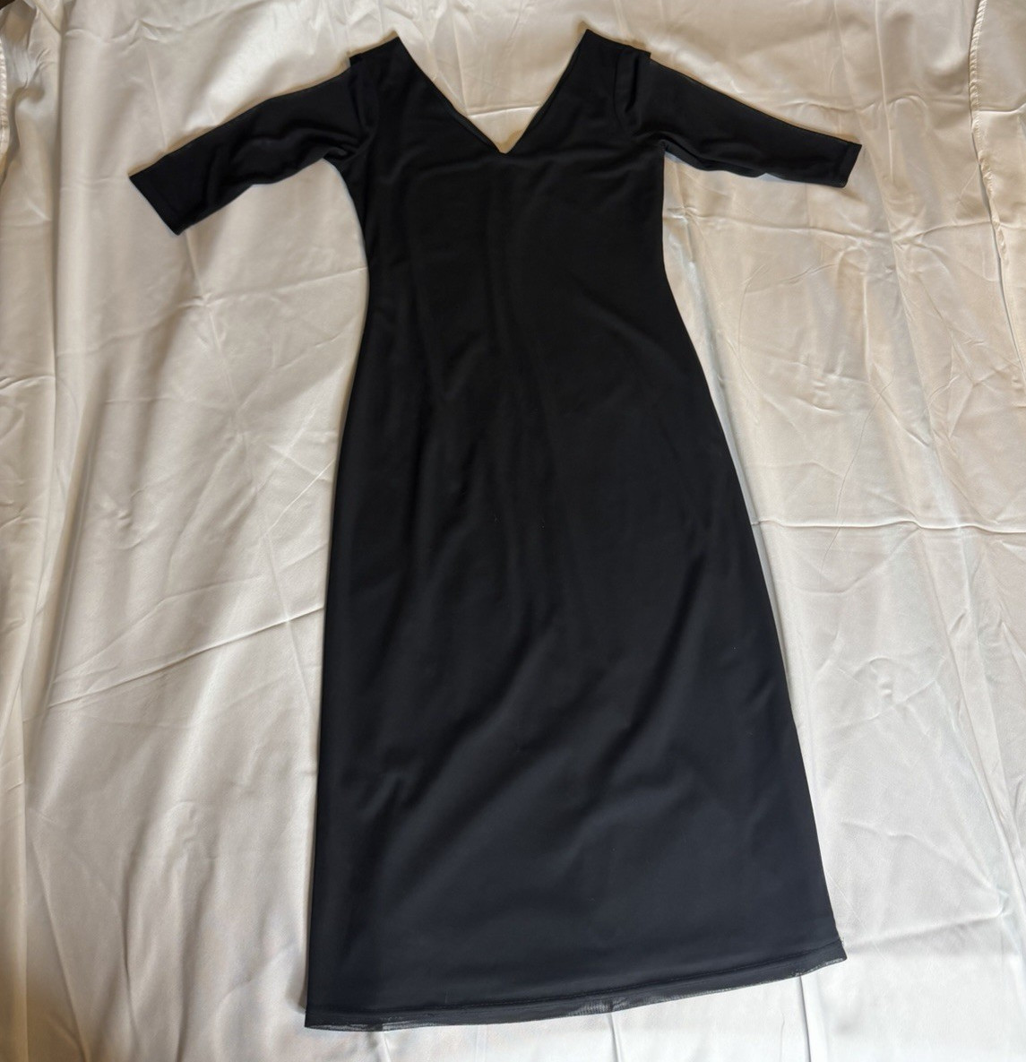 A.Z.I.Z Solid Black Sheer Mesh V-Neck 3/4 Sleeve Midi Maxi Pencil Dress M