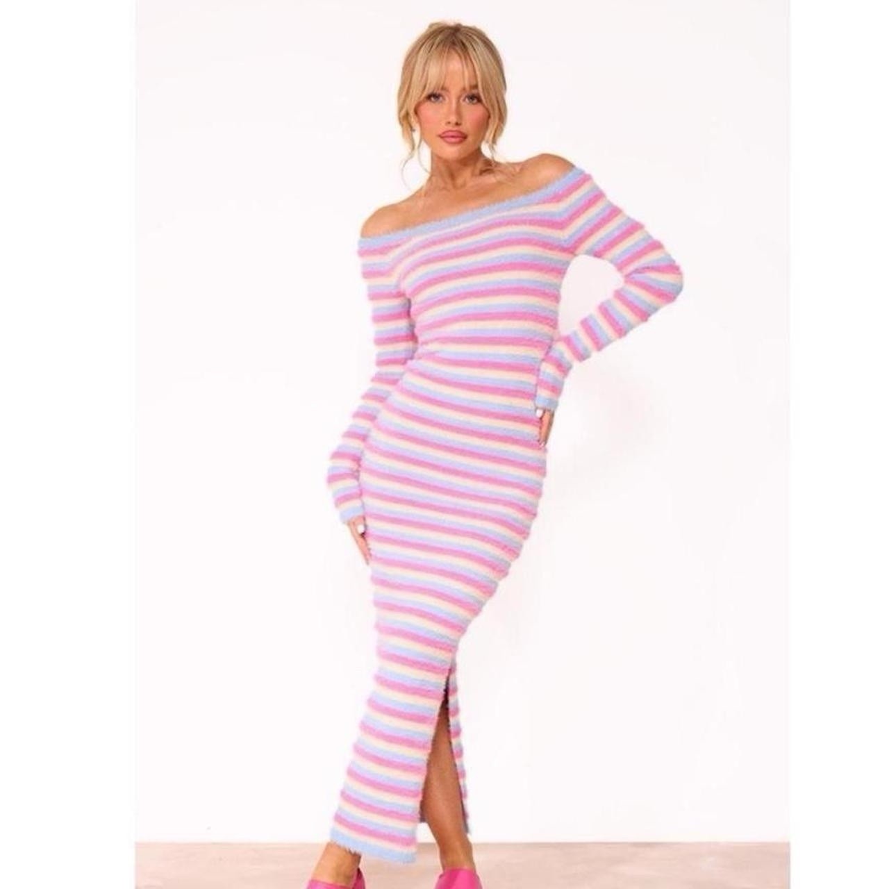 PrettyLittleThing Pastel Spring Striped Fuzzy Knit Bodycon Maxi Sweater Dress, S