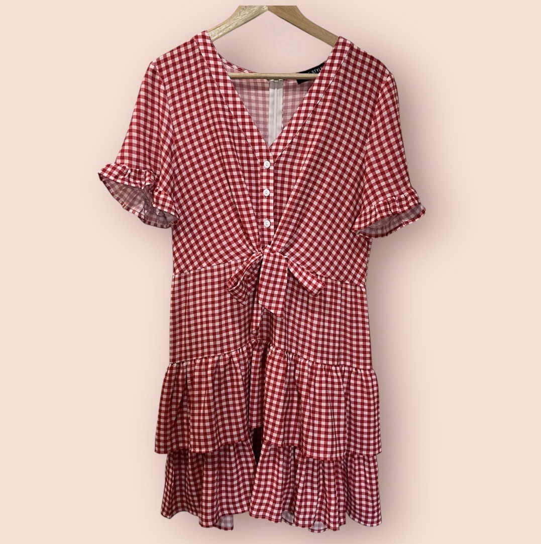 In The Style Size 10 UK Jac Jossa Red White CheckGingham Front Tie Tiered Dress