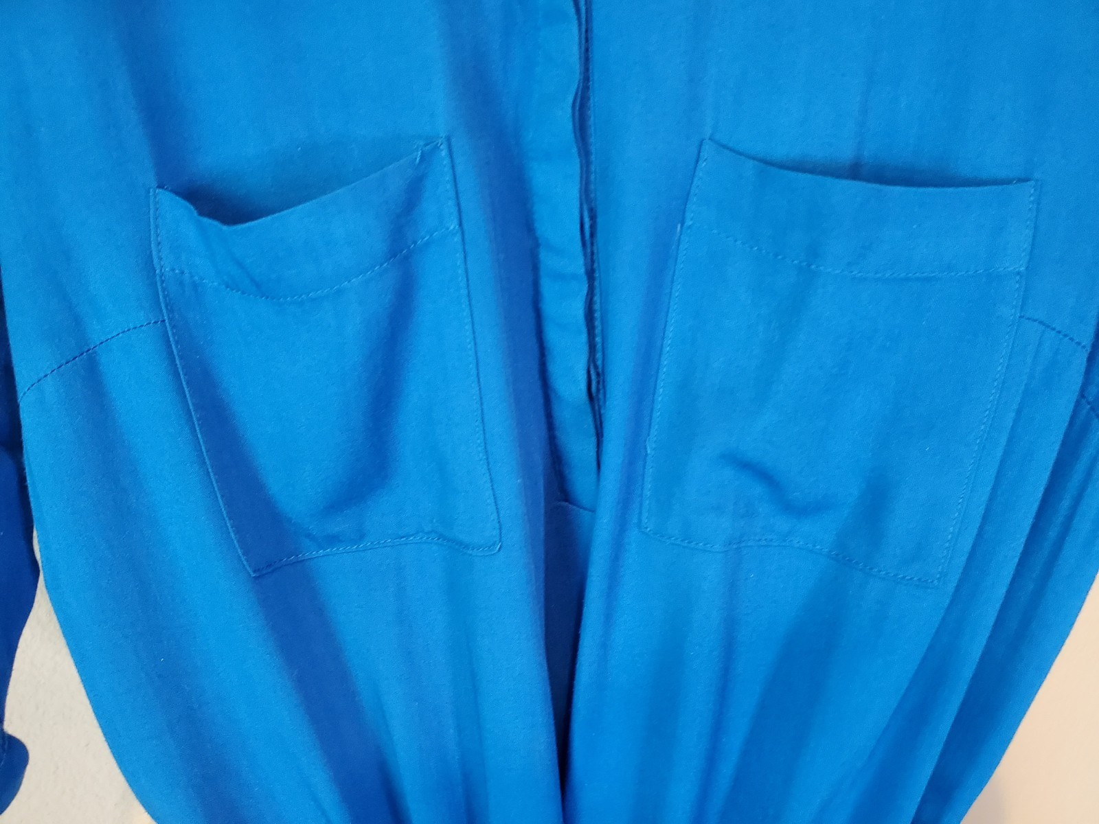 JustFab Blue Shirt Dress M Drawstring Waist Tab Sleeve Rayon Pockets