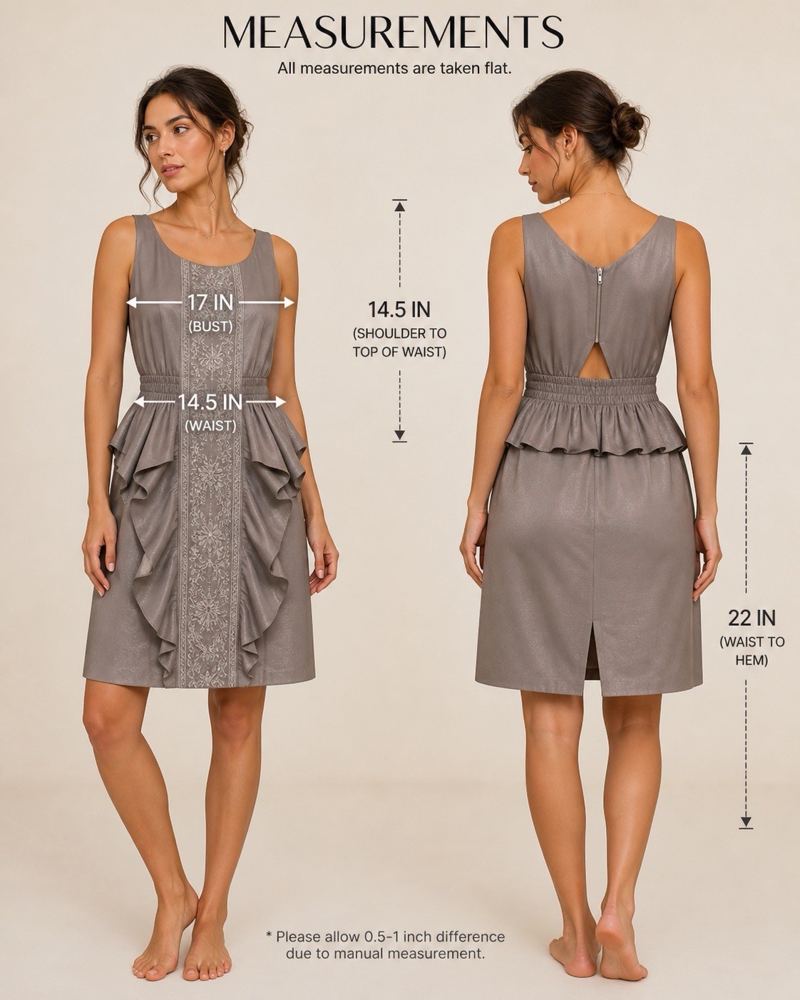Cecico Gray Sleeveless Dress S Embroidered Ruffle Waist Shiny Fabric