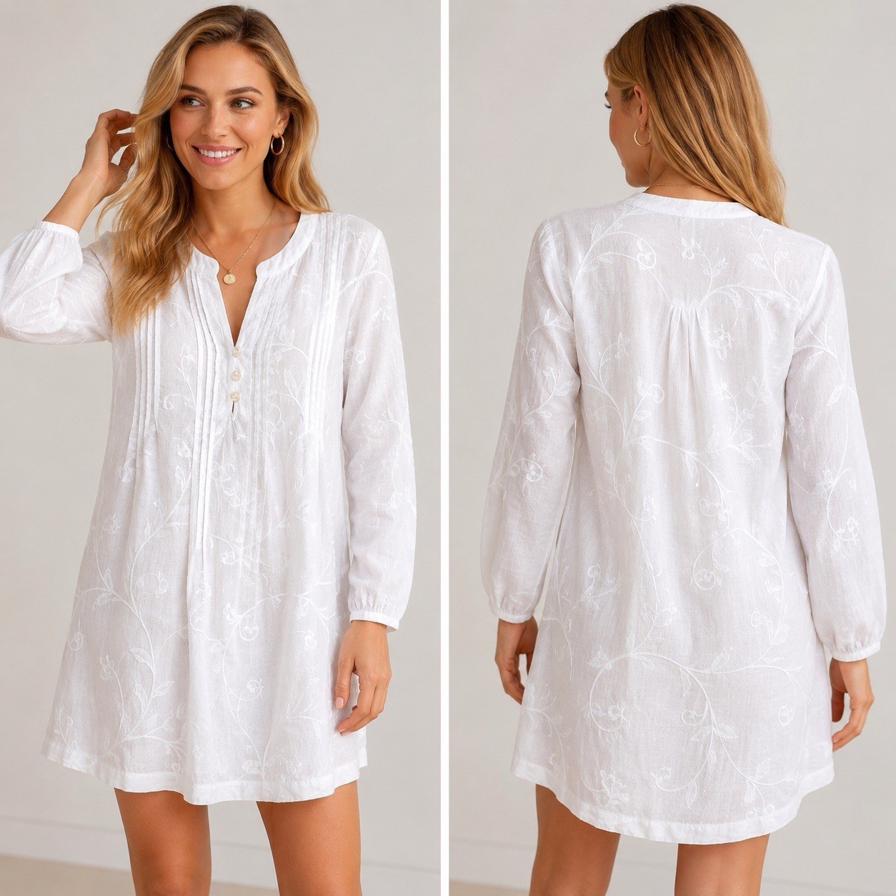 St Tropez West White 100% Linen Embroidered Pintuck Mini Dress M Boho Lagenlook