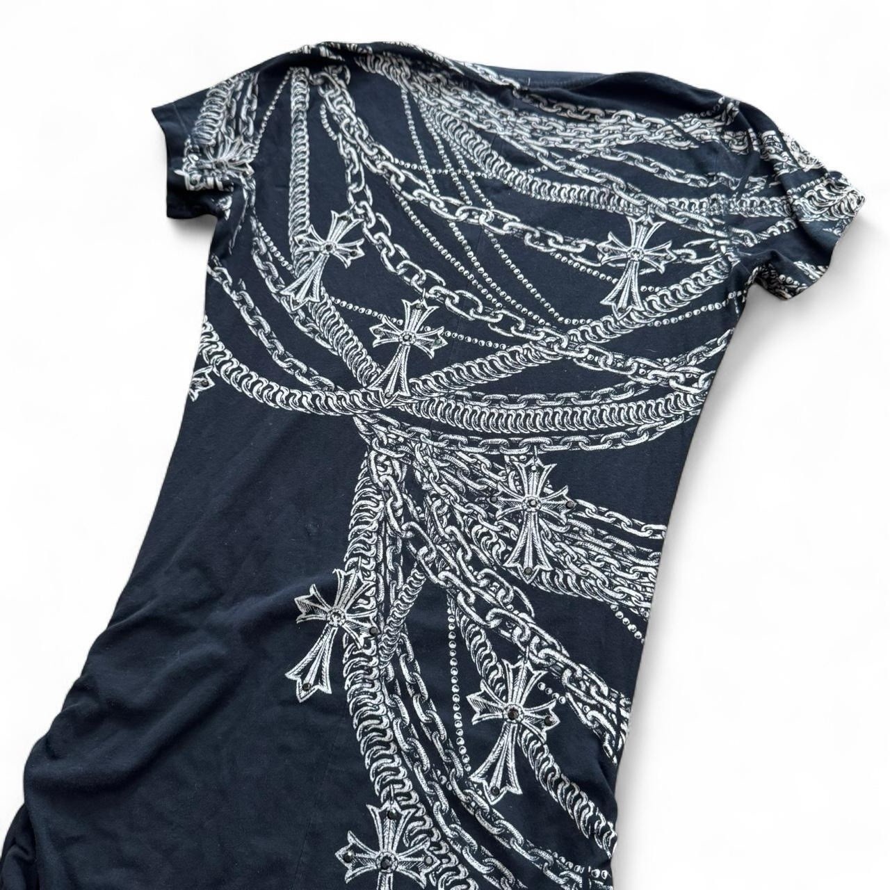 Affliction Y2K grunge goth black mini ruched Cross Chain Print dress