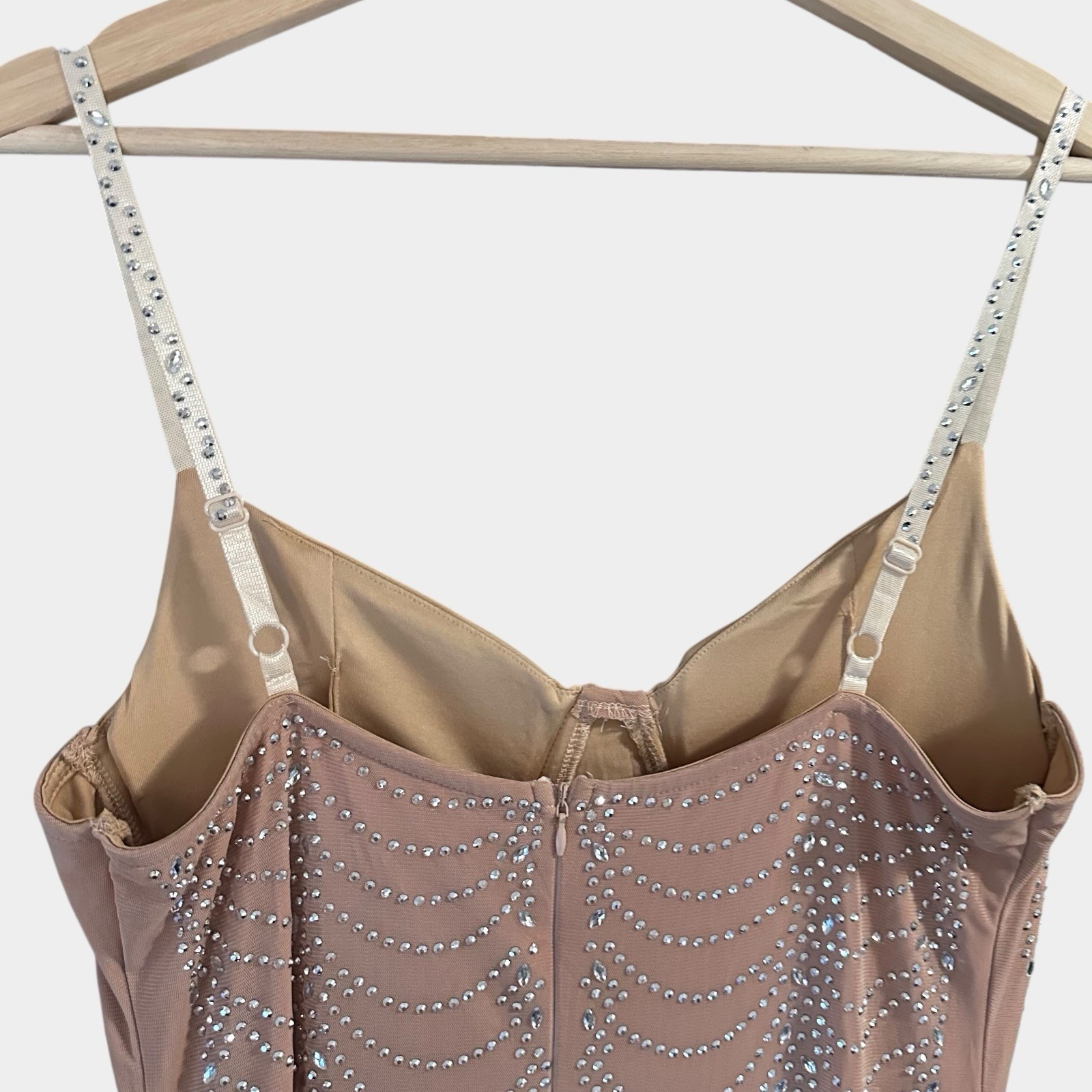 Dress Mermaid V-Neck Mesh-Inset Glitter-Print Gown Beige Size S-M Stretch Straps