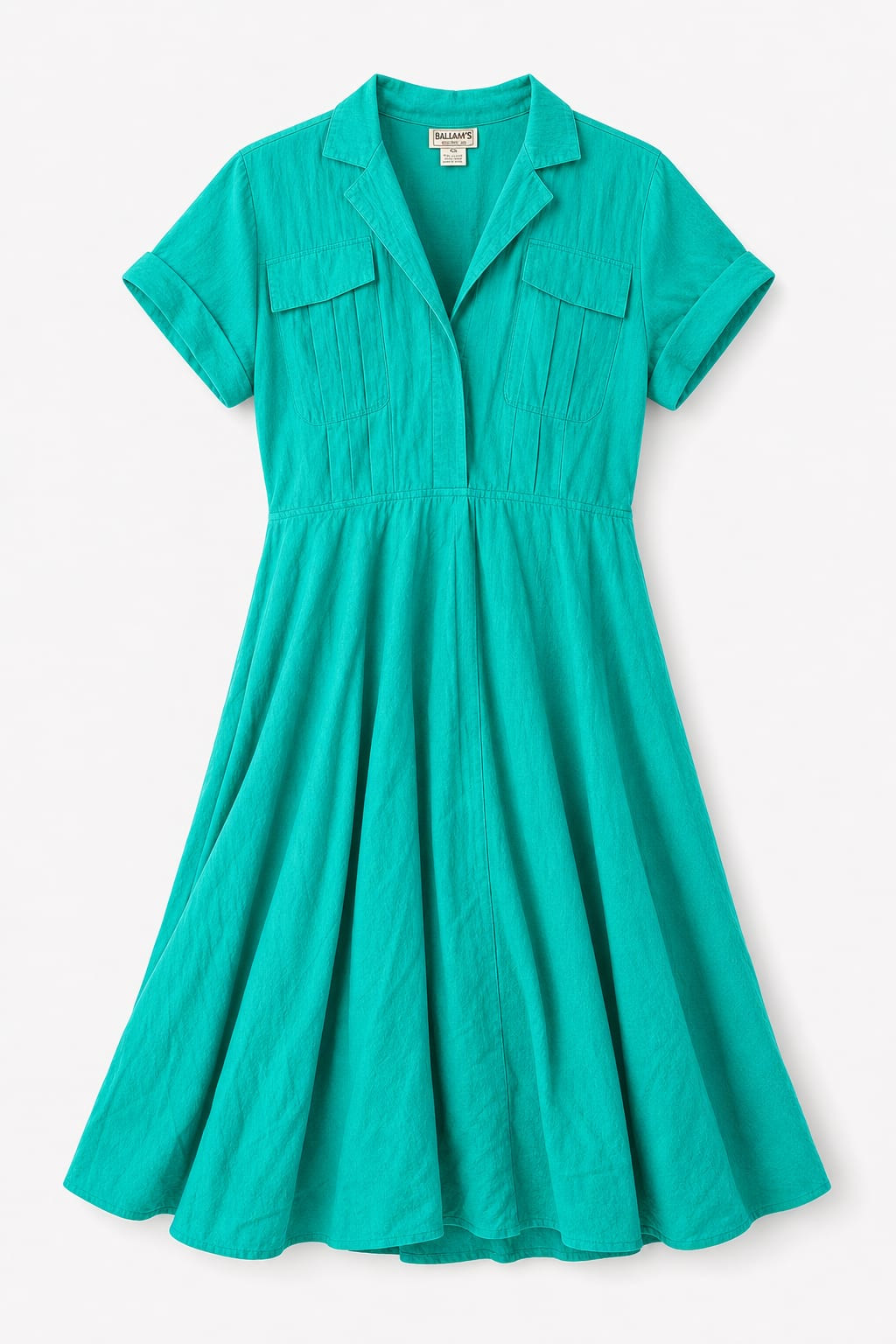 1940s Mid-Century Turquoise Cotton Dress Calf-Length Short Sleeve
