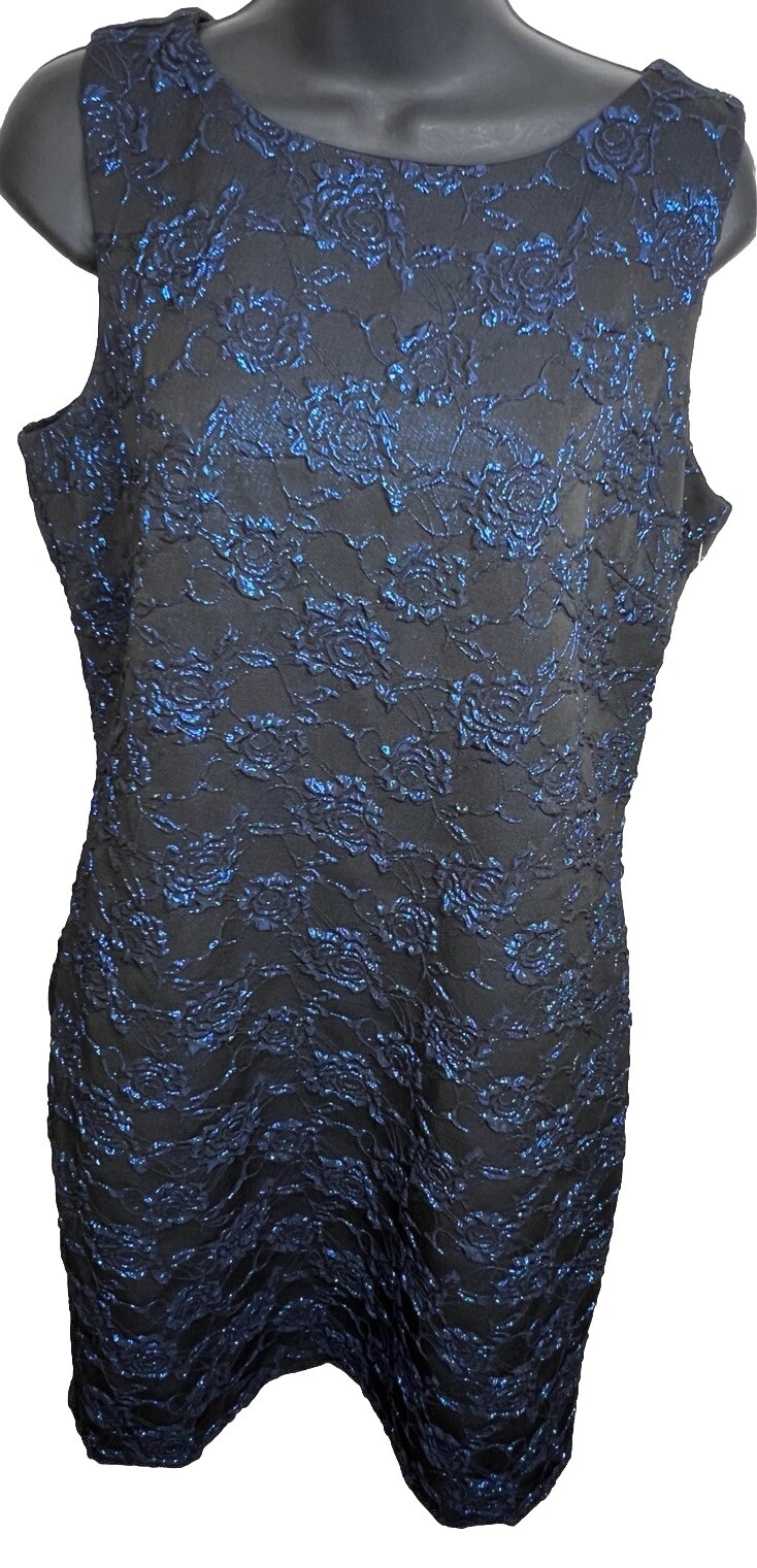 NWT Donna Ricco Women’s Metallic Jacquard Sheath Dress Black Cobalt Size 12