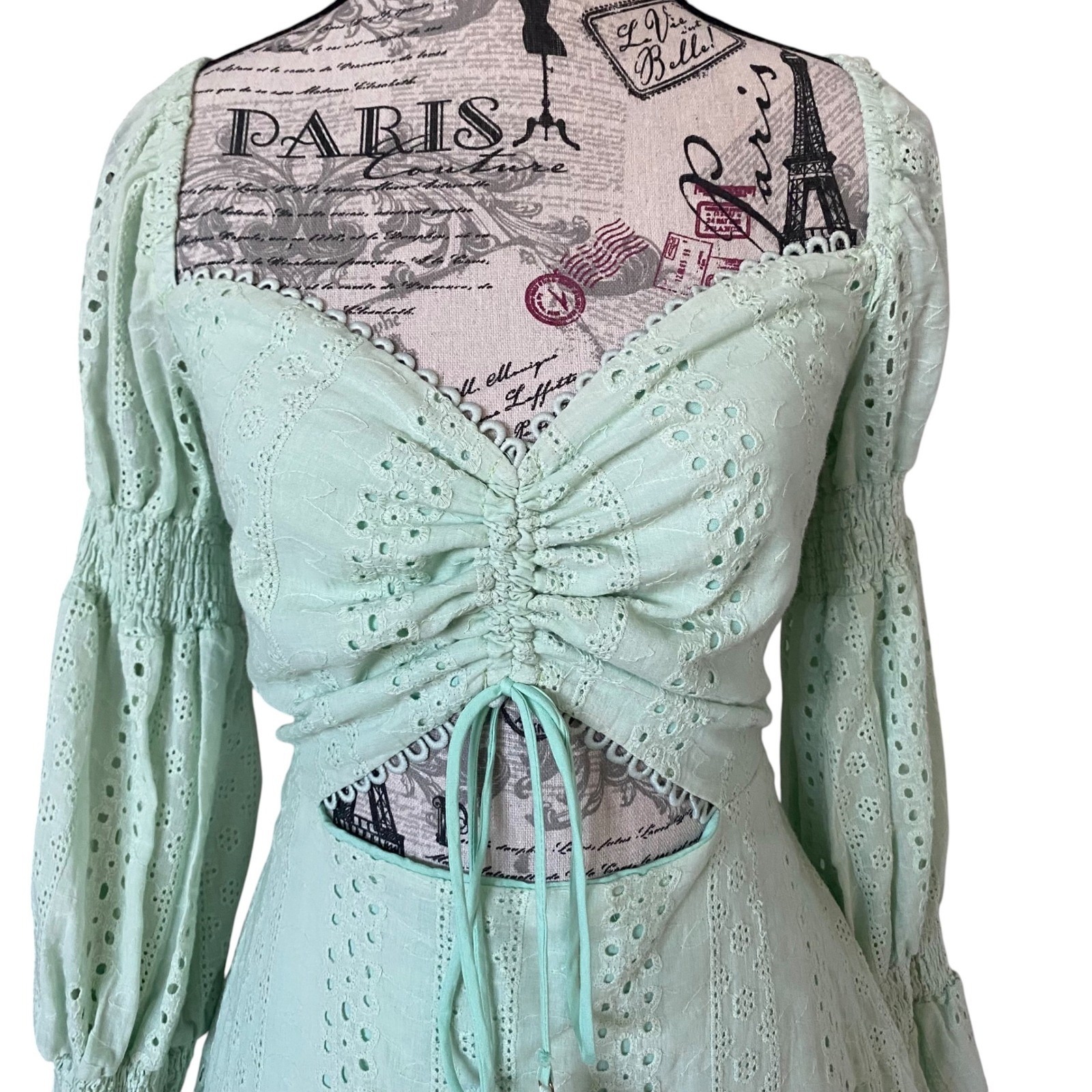Chicways Eyelet Lace Mini Dress Womens L Mint Green Cutout Bell Sleeve NWT