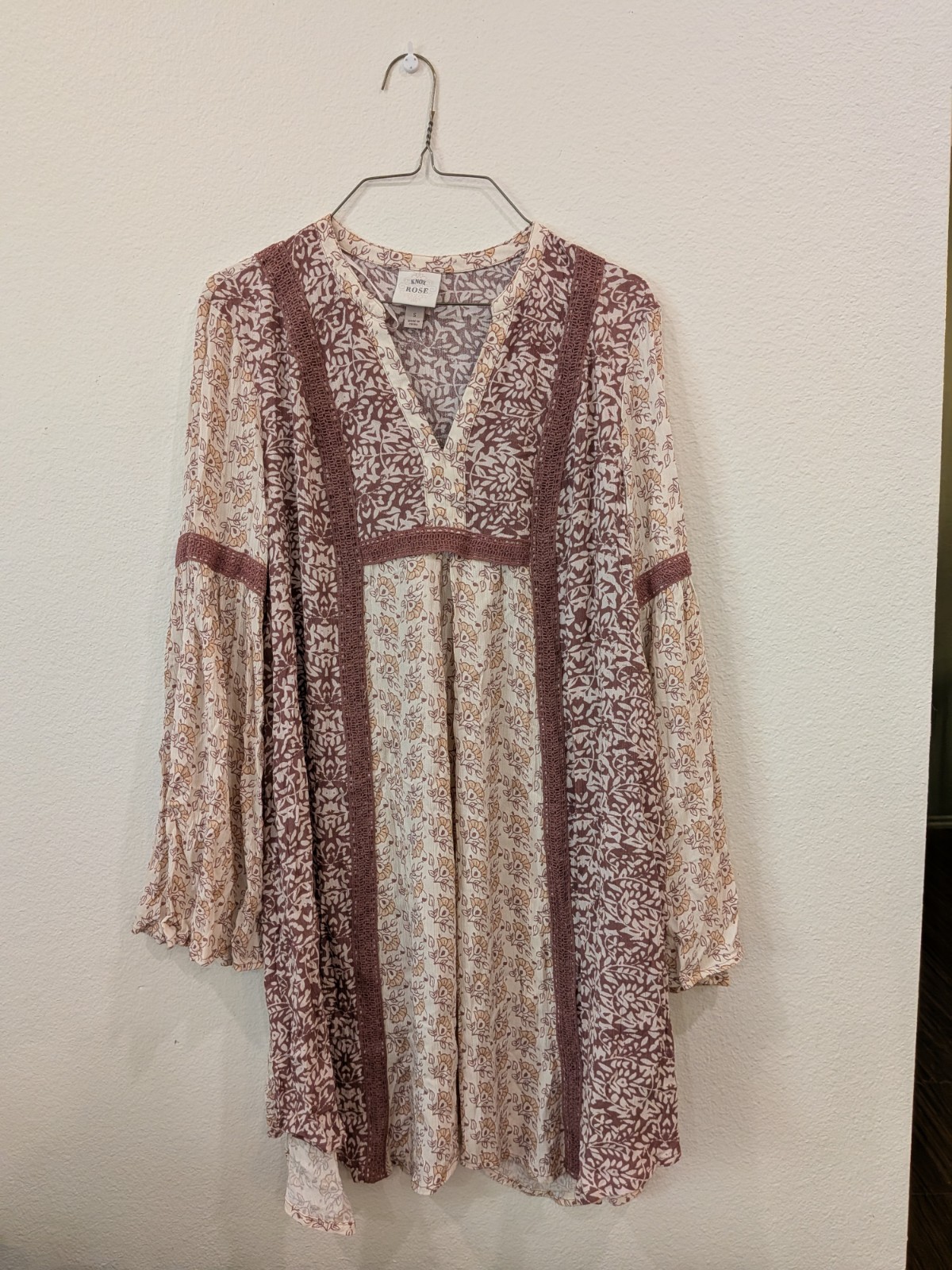 Knox Rose Womens Pink Cream Botanical Peasant Long Sleeve V-Neck Dress Boho S