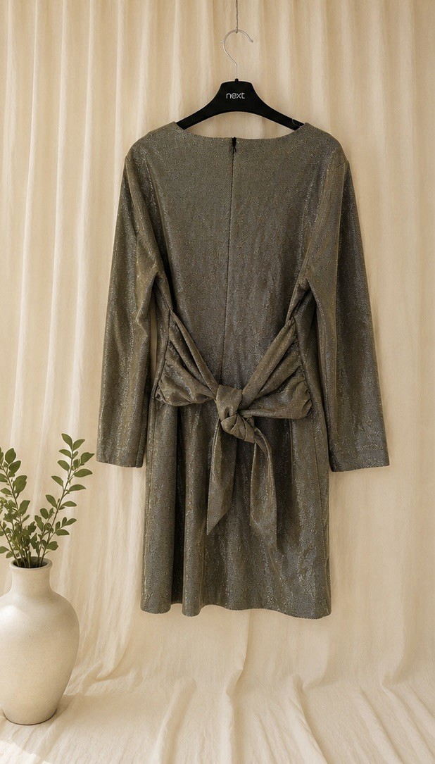 Cortefiel Metallic Gold Shift Dress UK 14 EU 42 Long Sleeve Party Cocktail