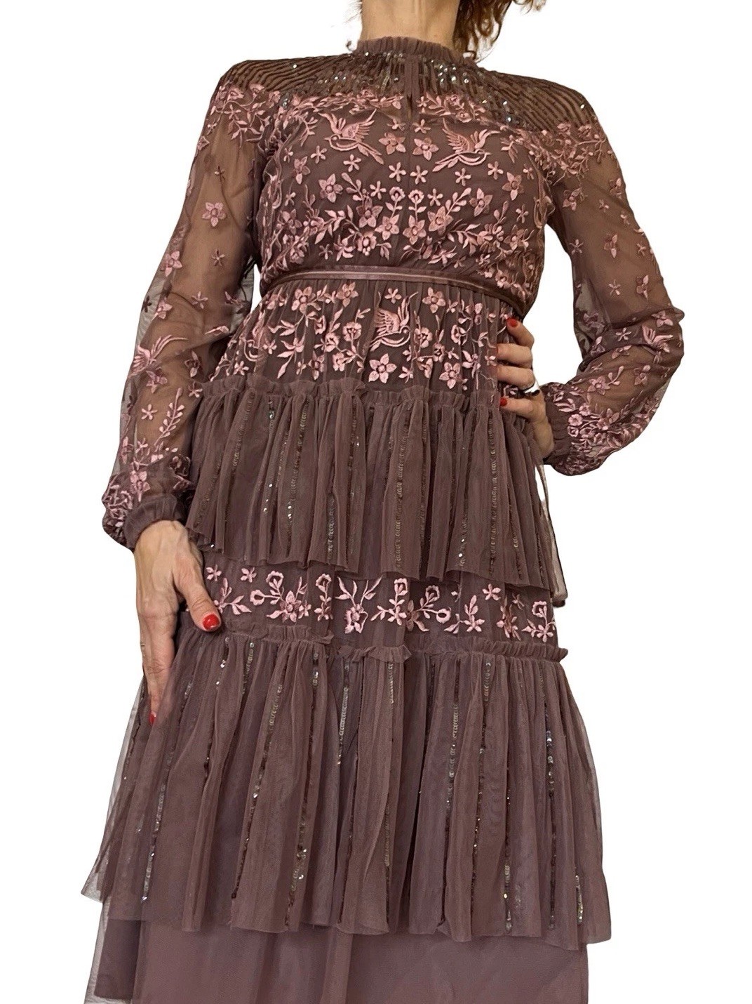Needle and Thread Sequin Embroidered Tiered Dress sheer long sleeves 0 READ