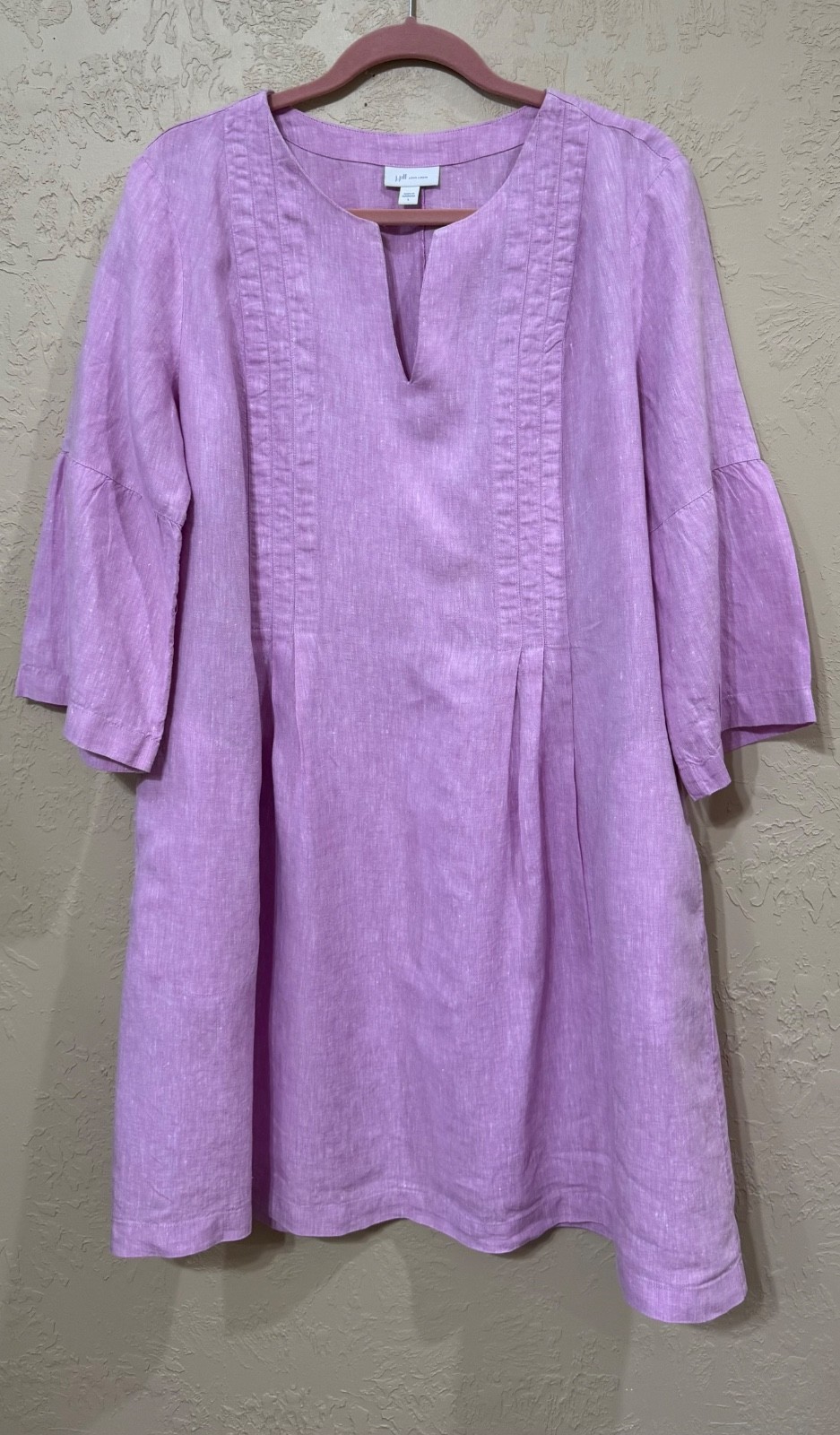 J Jill Womens Dress L Pink Linen 3/4 Sleeves Pleats Side Zip Below Knee Length