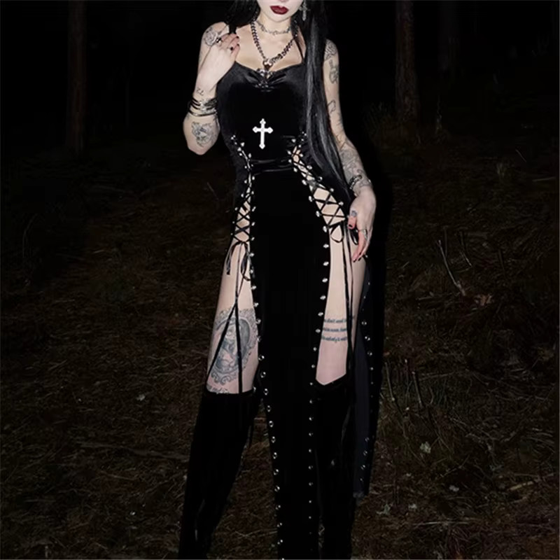 Goth Dark Punk Velvet Dress High Split Hem 90s Grunge Mall Gothic Sexy Strap Gow