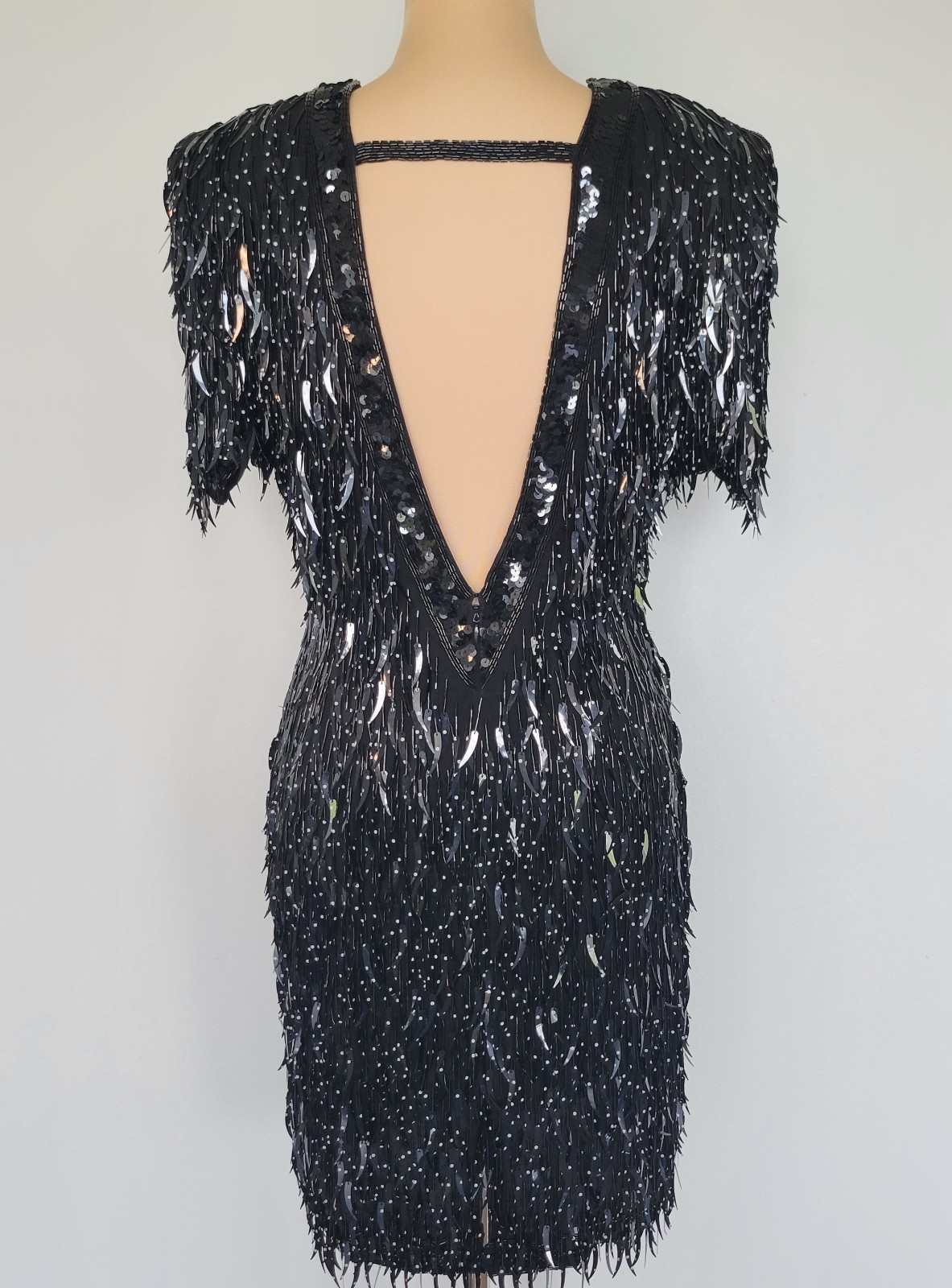 Vintage 100% Silk Black Polka Dots Sequined Beaded Fringe V-neck Dress Sz Medium