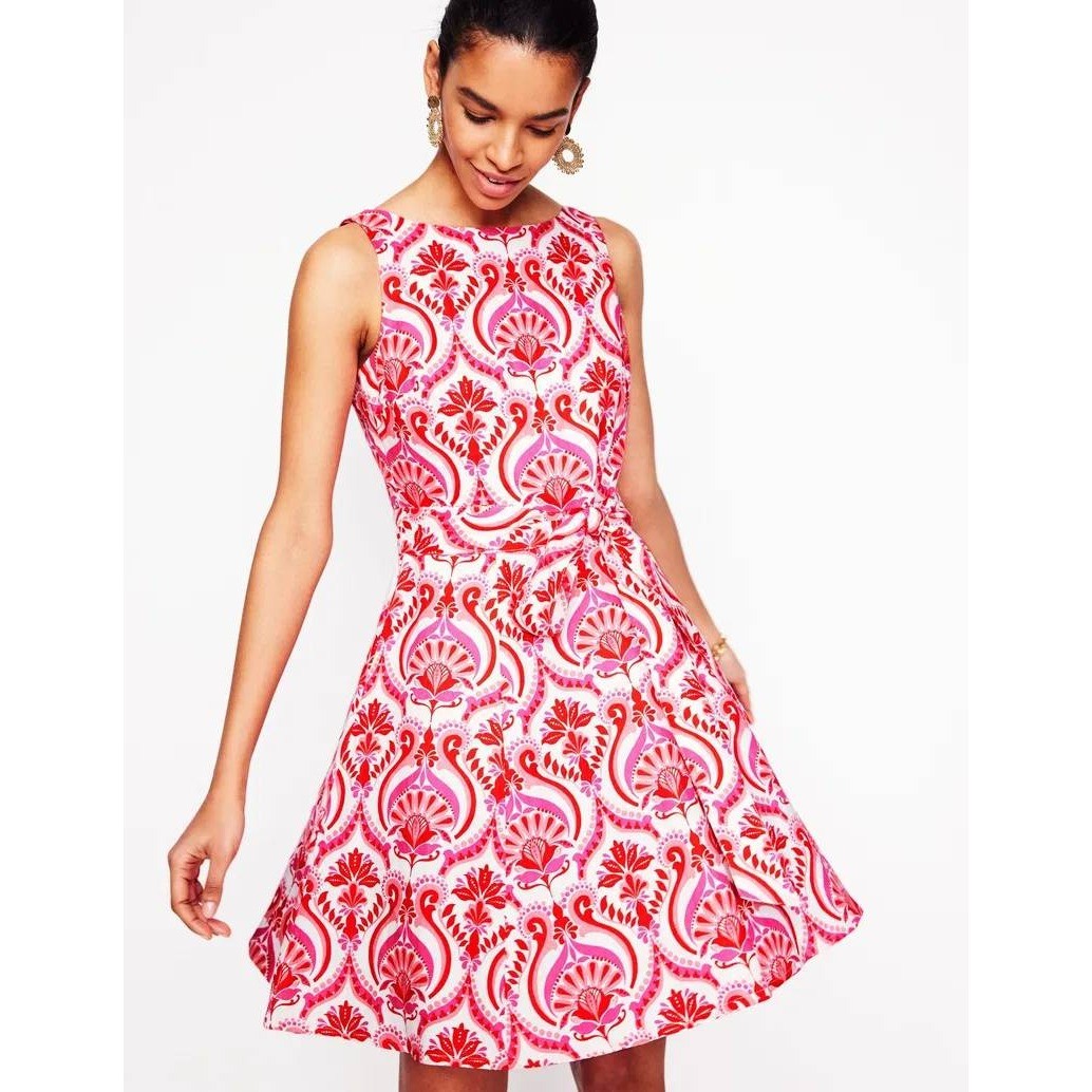 Boden Anya Sleeveless Linen Mini Dress Red Pink Floral Damask Print Size US 6R