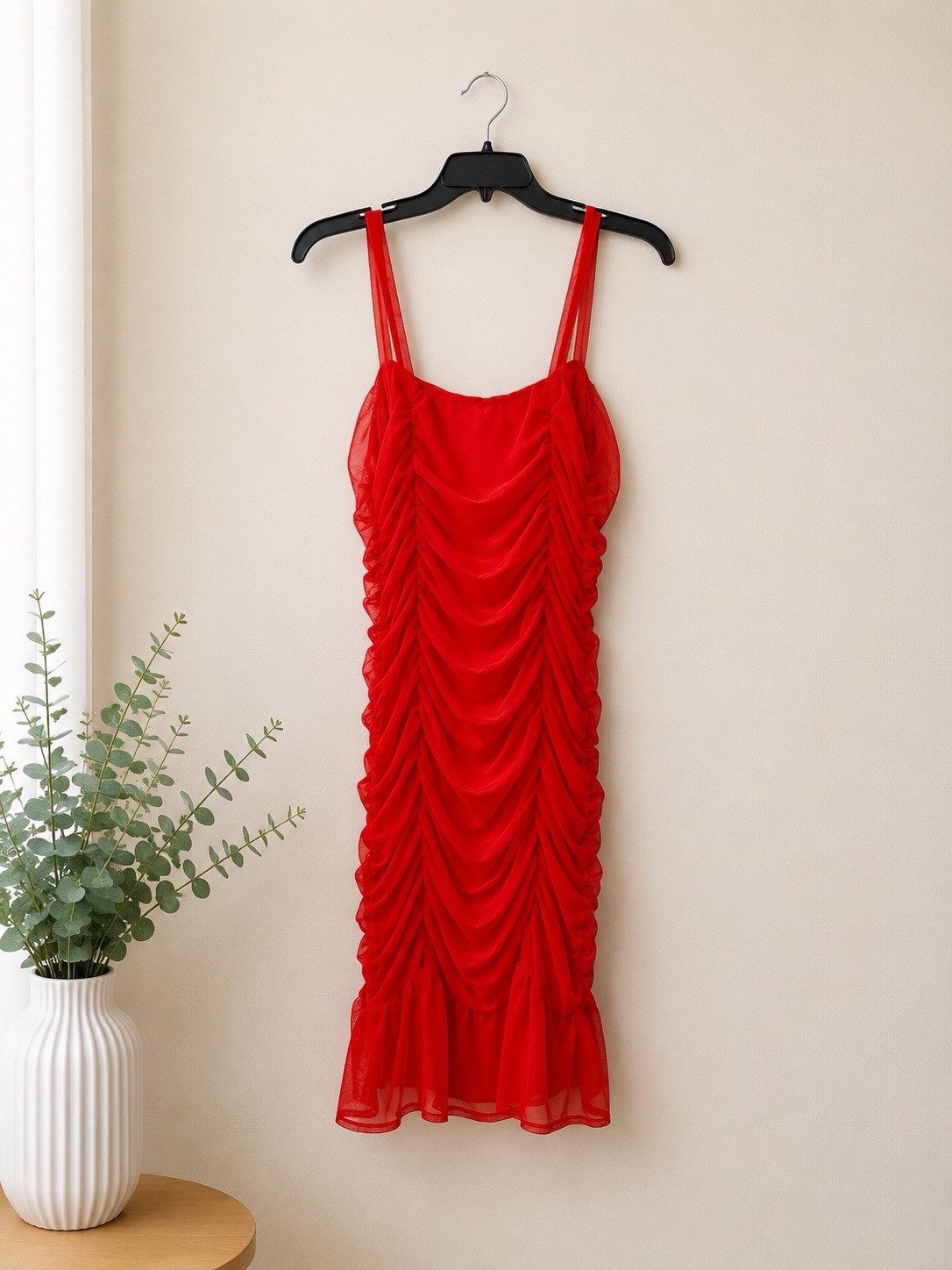 Free Press Red Ruched Mesh Bodycon Midi Dress Size L Sleeveless Party Club