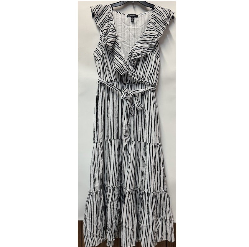 INC Womens L Marisol Yarn Black White Striped Ruffle V Neck Midi Dress NWT BG64