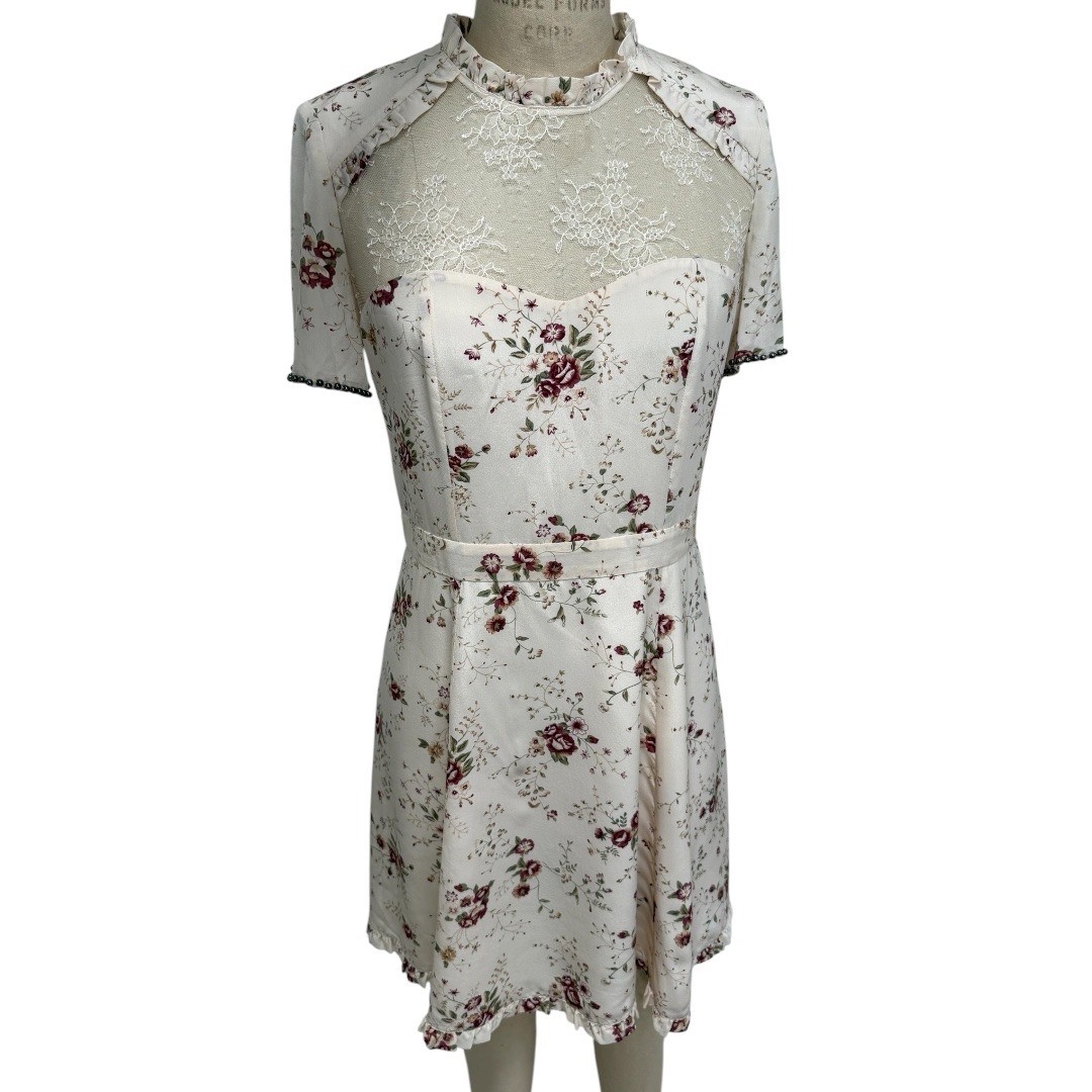 The Kooples Floral Lace Yoke Dress Womens M Cream Ruffle Beaded Trim
