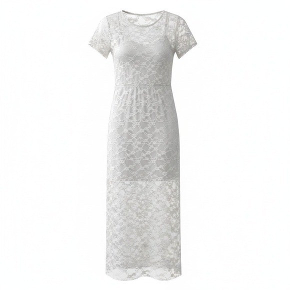 White Floral Lace Short Sleeve Maxi Dress with Mini Slip Lining Scoop Back