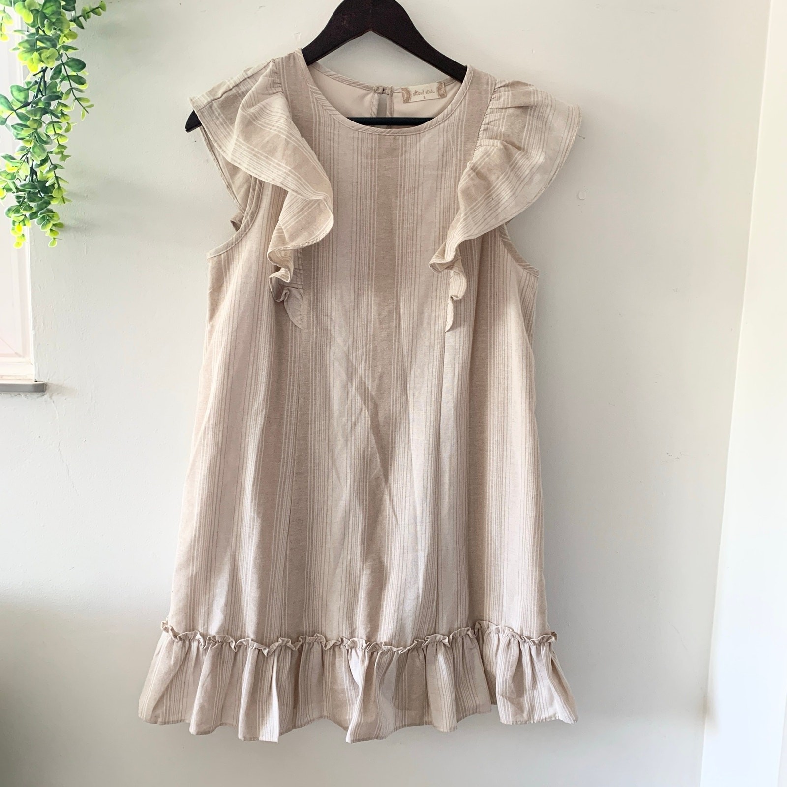 Altar’d State Cream Tan Striped Mini Dress Ruffled Sleeves